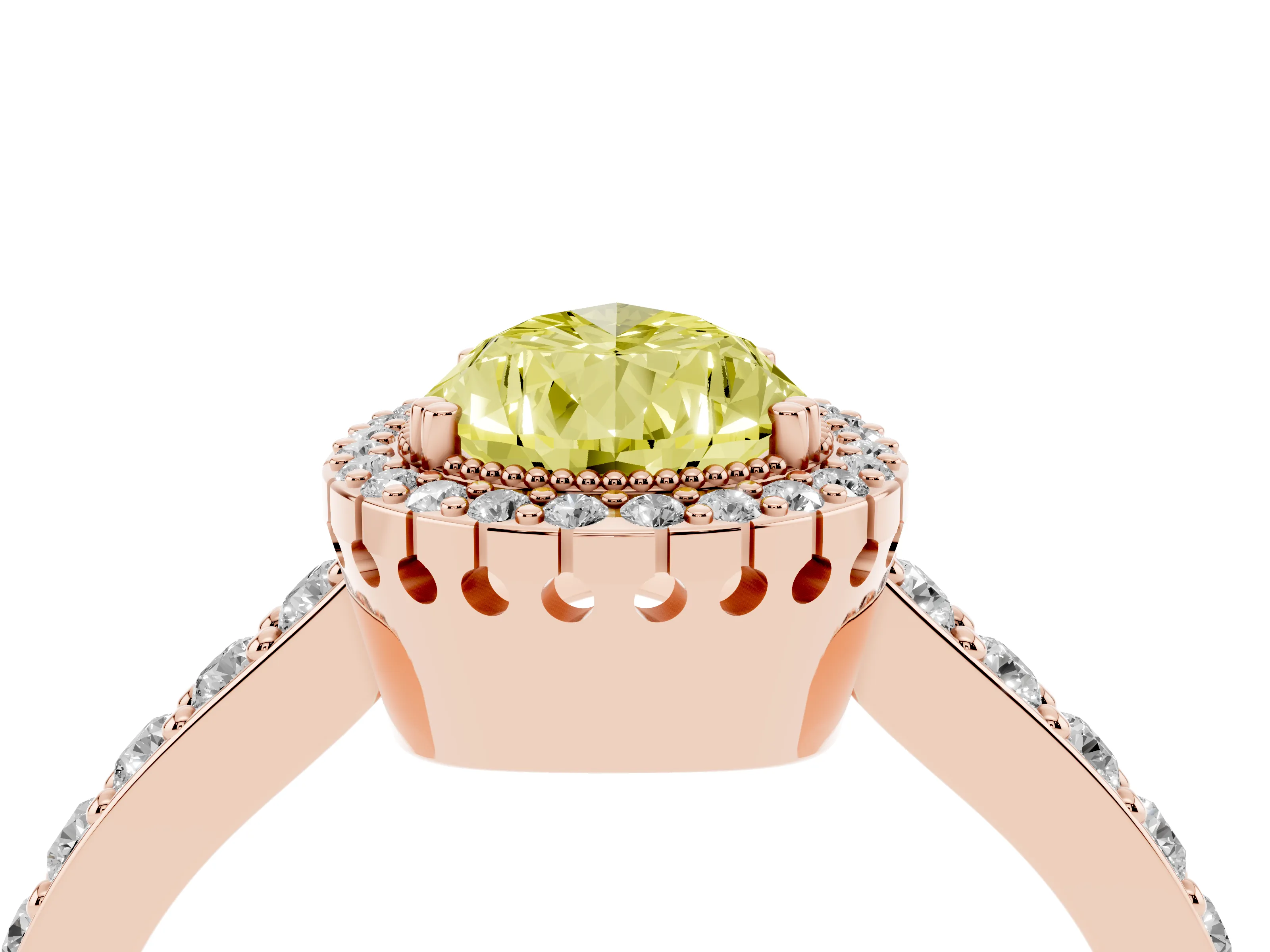Fancy Yellow Pear Cut Diamond Halo Engagement Ring Set in Rose gold with Milgrain Detail and Pavé Band