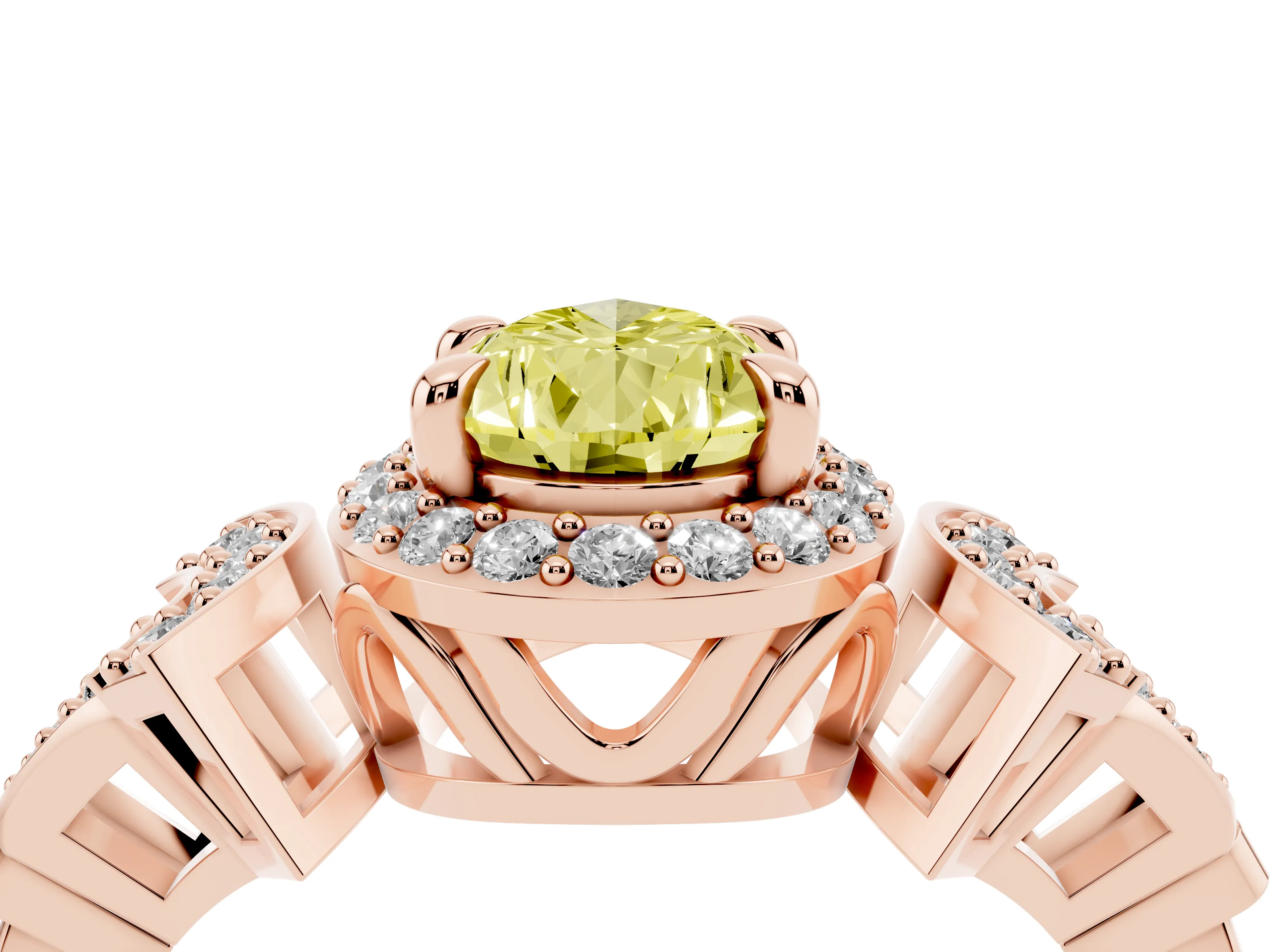 Fancy Yellow Pear Cut Diamond Halo Engagement Ring Set in Rose gold with Accent Stone Split Shank