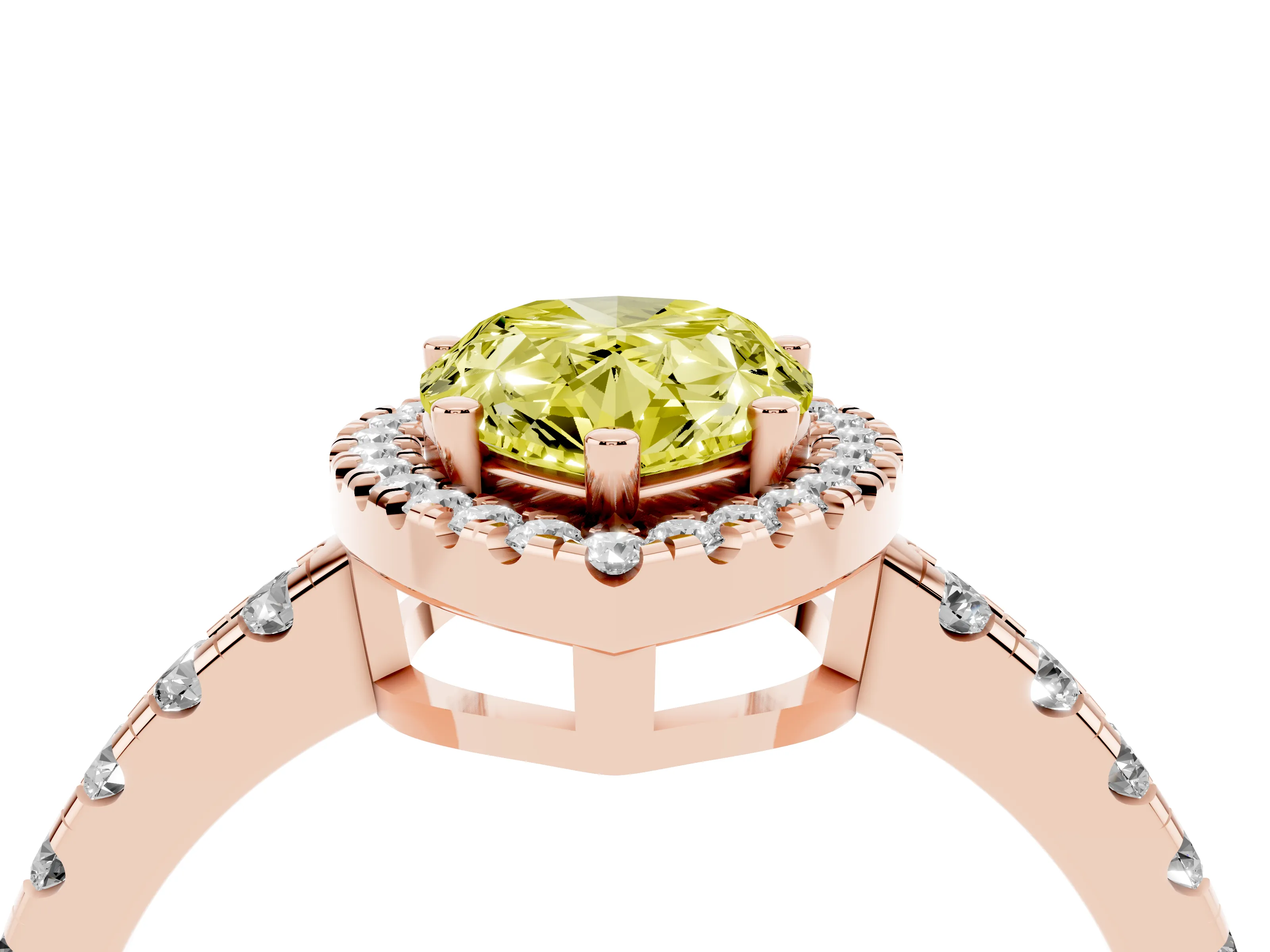 Fancy Yellow Pear Cut Diamond Halo Ring Set in Rose gold with Delicate Pavé Band and Prong Setting