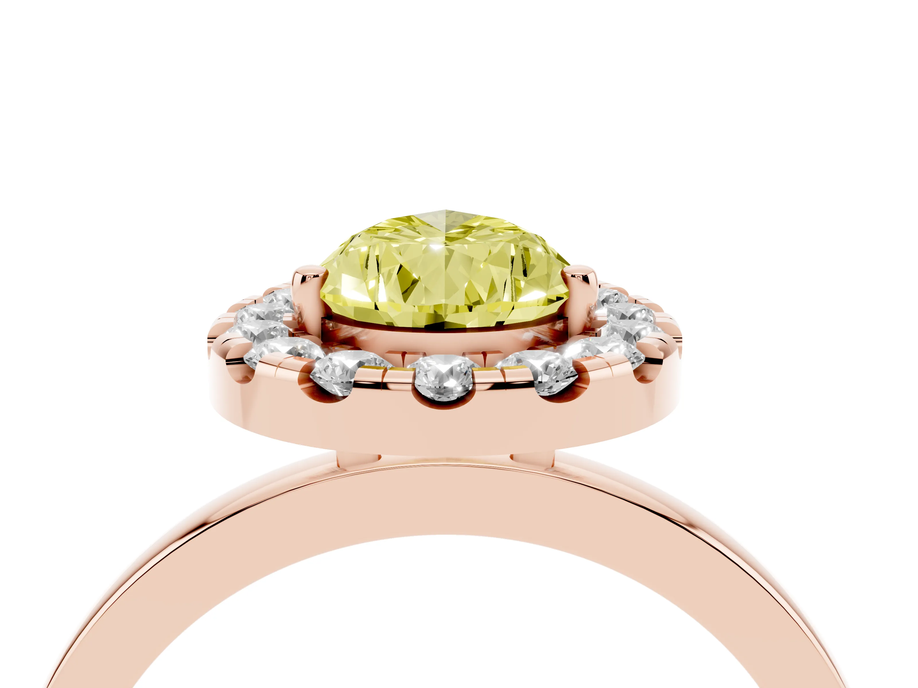 Fancy Yellow Pear Cut Diamond Halo Solitaire Ring Set in Rose gold with Pavé Band and Prong Setting