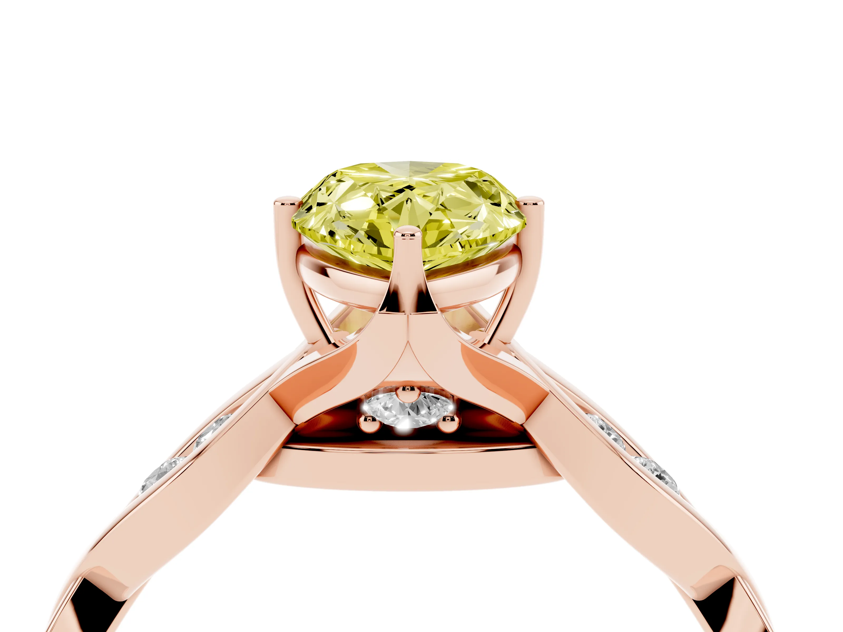 Fancy Yellow Pear Cut Diamond Twist Band Solitaire Ring Set in Rose gold with Leaf Prong Setting and Accent Stones