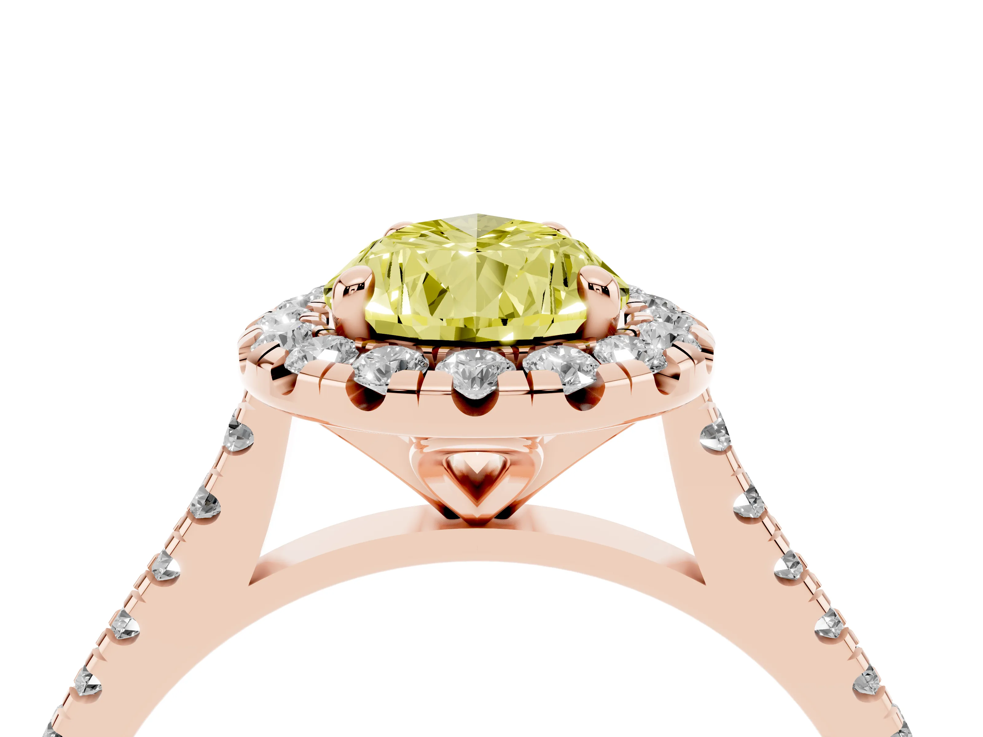 Fancy Yellow Pear Cut Diamond Cushion Halo Ring Set in Rose gold with Pavé Band