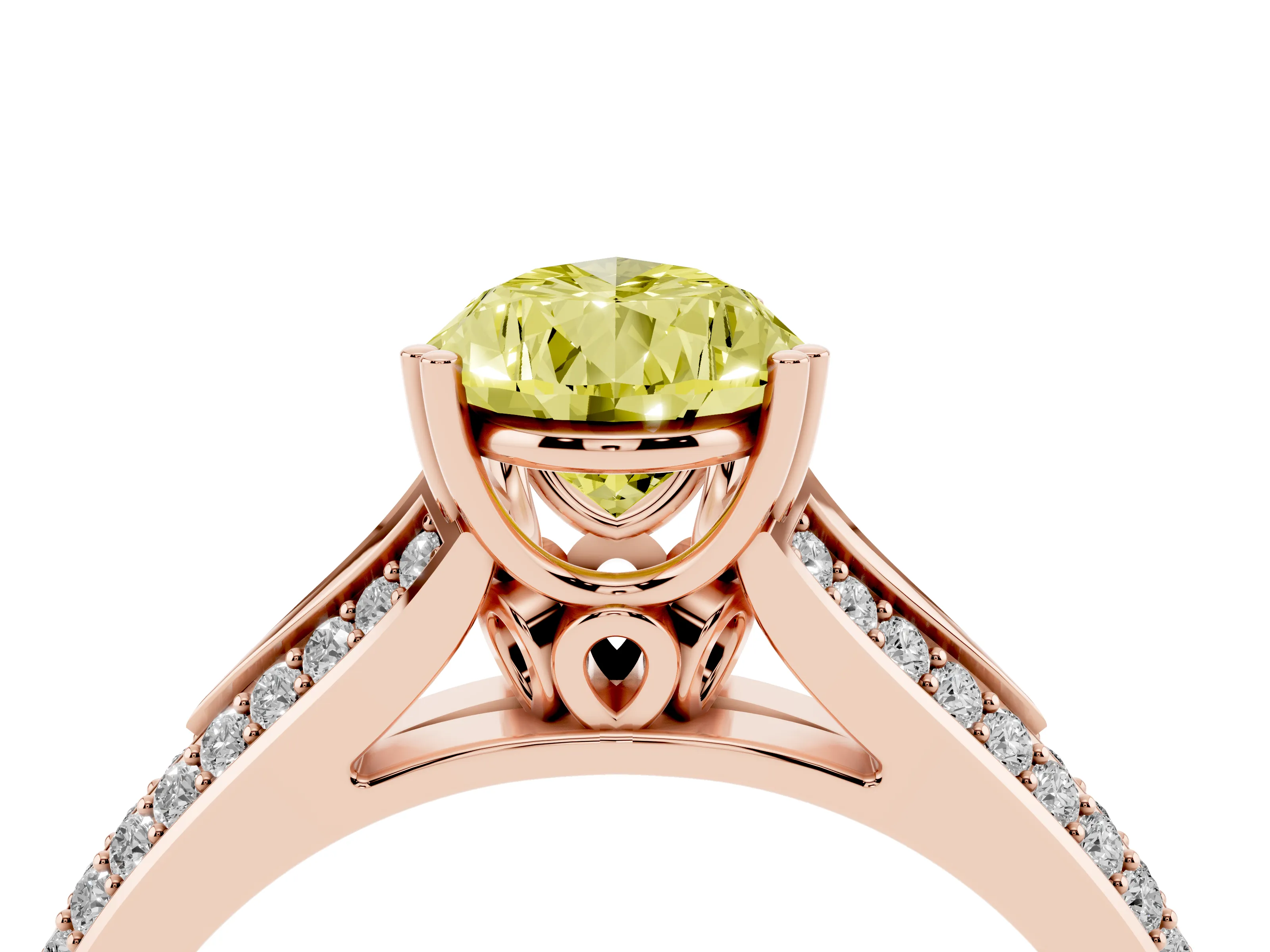 Fancy Yellow Pear Cut Diamond Split Shank Pavé Engagement Ring Set in Rose gold with Prong-Set Center Stone