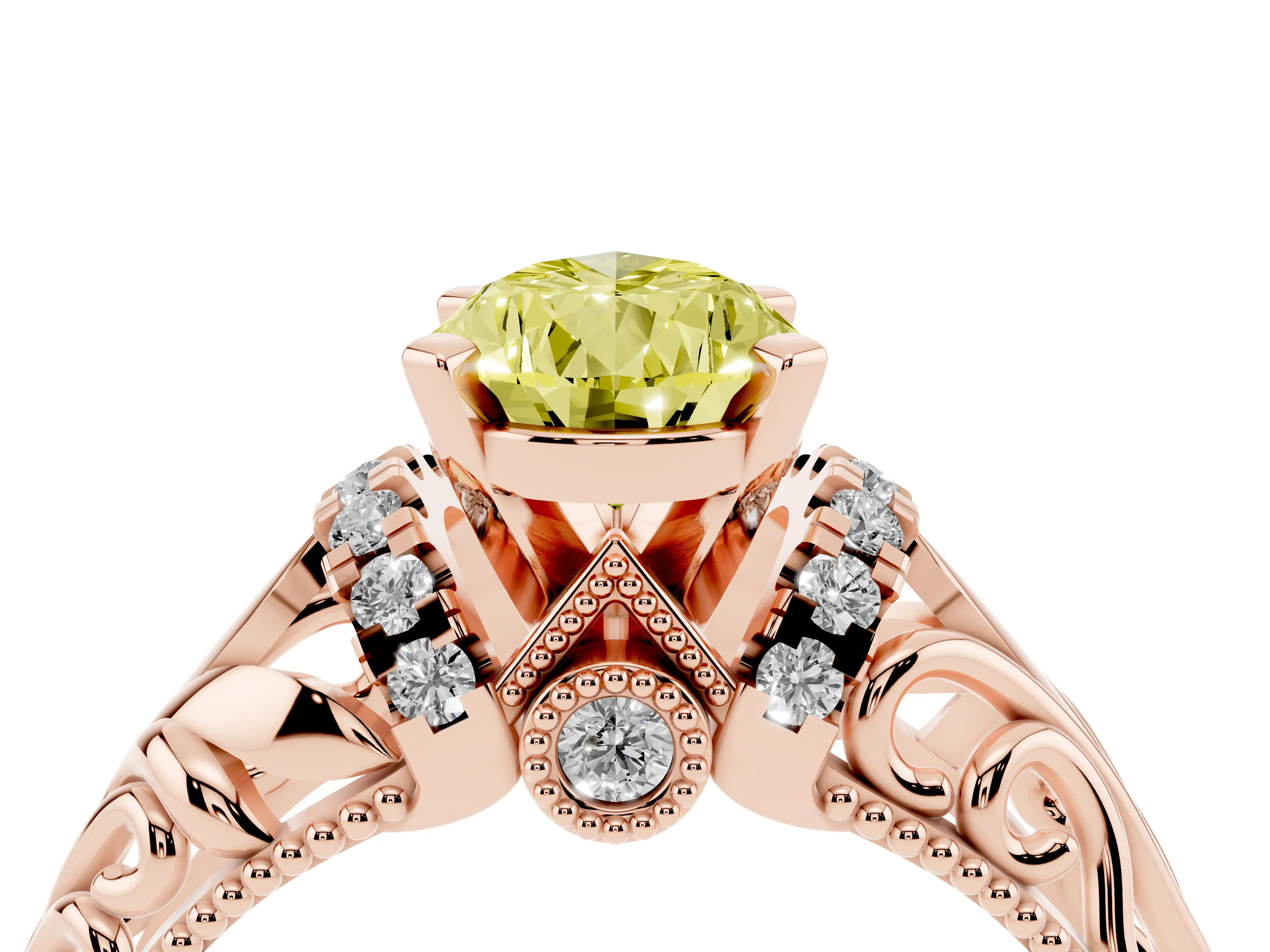 Fancy Yellow Pear Cut Diamond Filigree Halo Engagement Ring Set in Rose gold with Prong Setting
