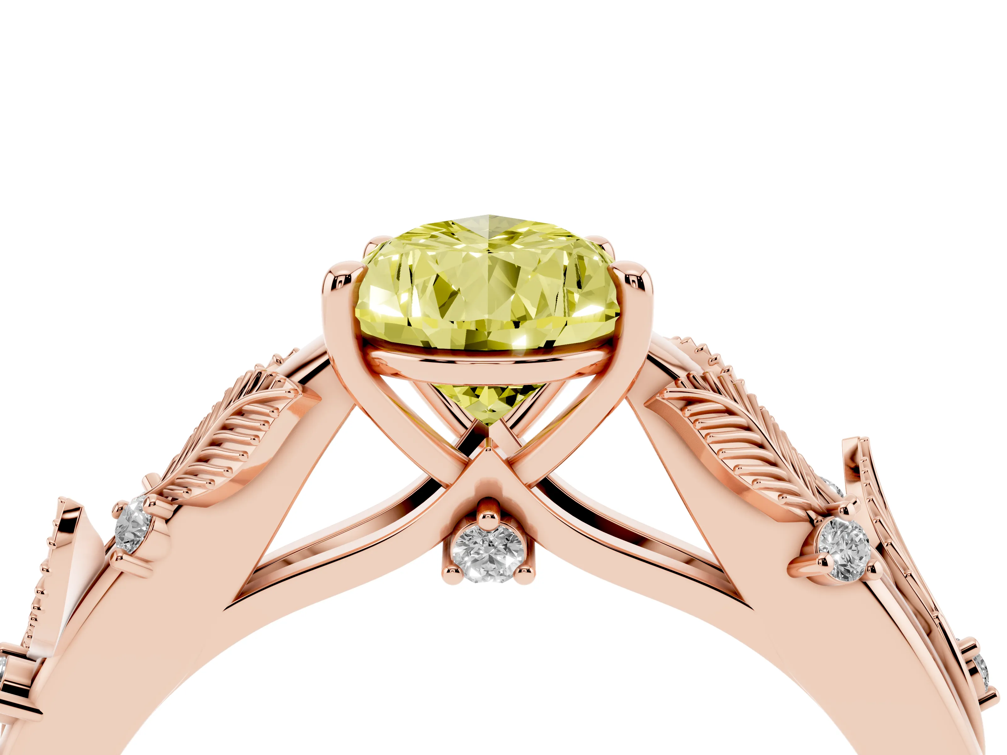 Fancy Yellow Pear Cut Diamond Solitaire Ring Set in Rose gold with Leaf Motif Band