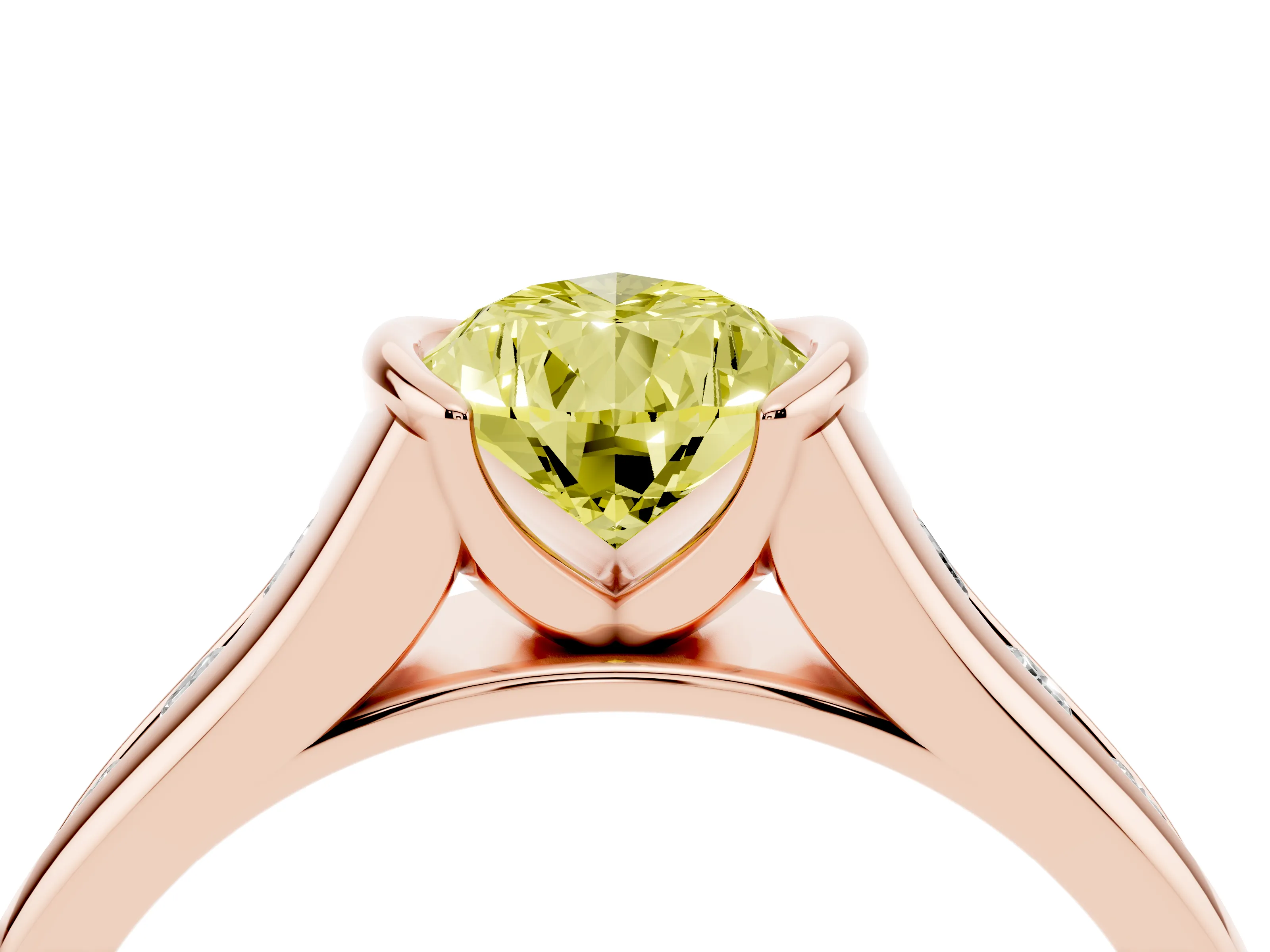 Fancy Yellow Pear Cut Diamond Bezel-Set Solitaire Ring Set in Rose gold with Channel-Set Band