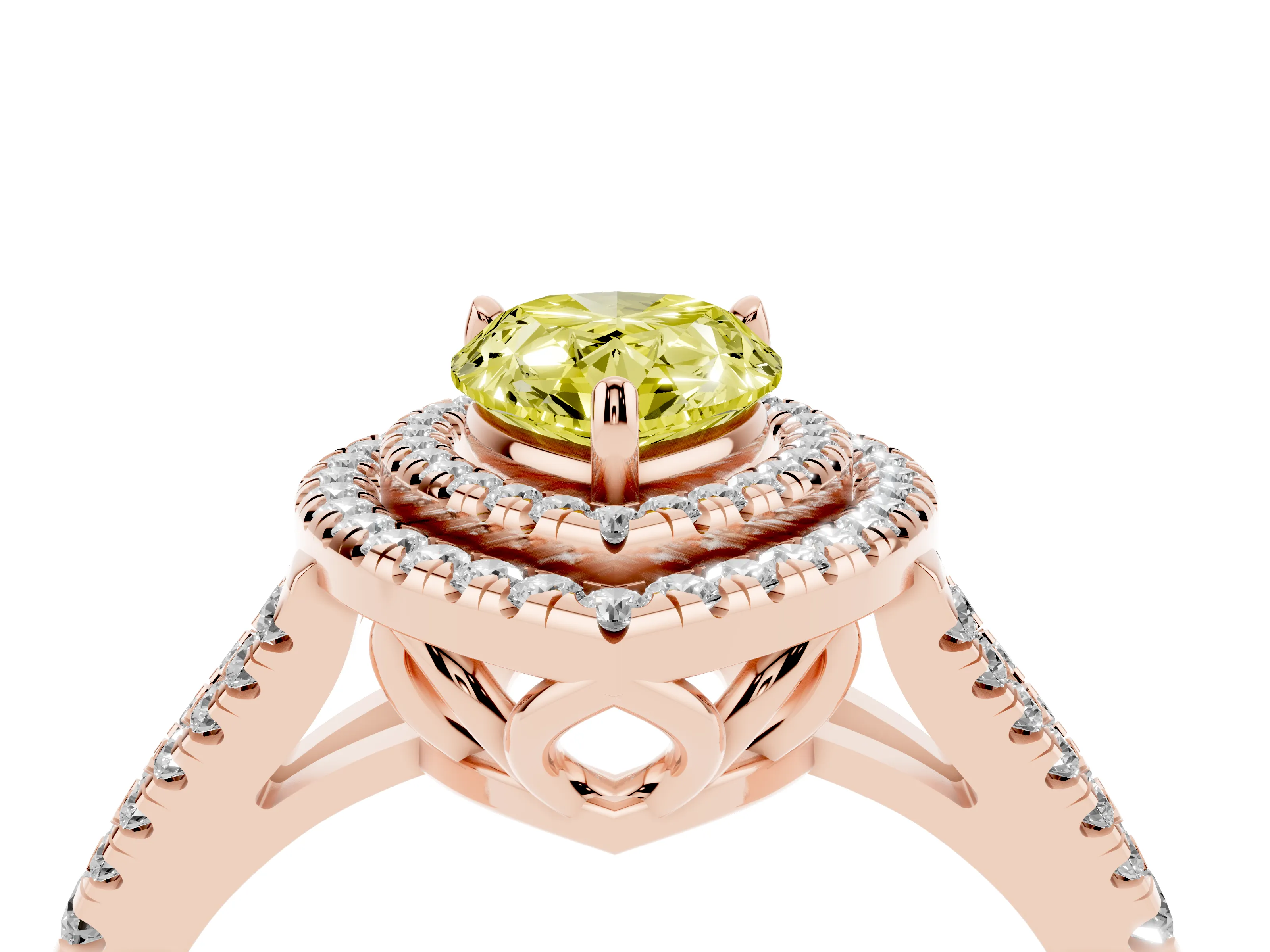 Fancy Yellow Pear Cut Diamond Double Halo Ring Set in Rose gold with Pavé Band