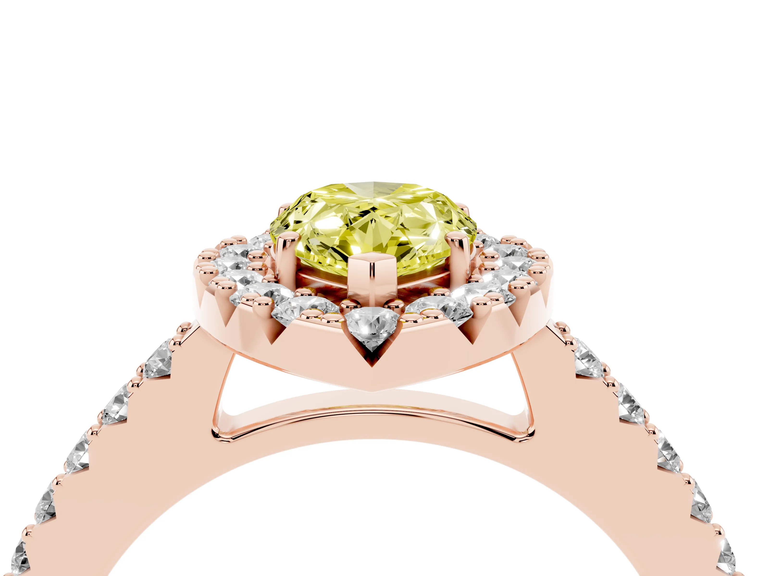 Fancy Yellow Pear Cut Diamond Halo Pavé Solitaire Ring Set in Rose gold with Prong-Set Center Stone