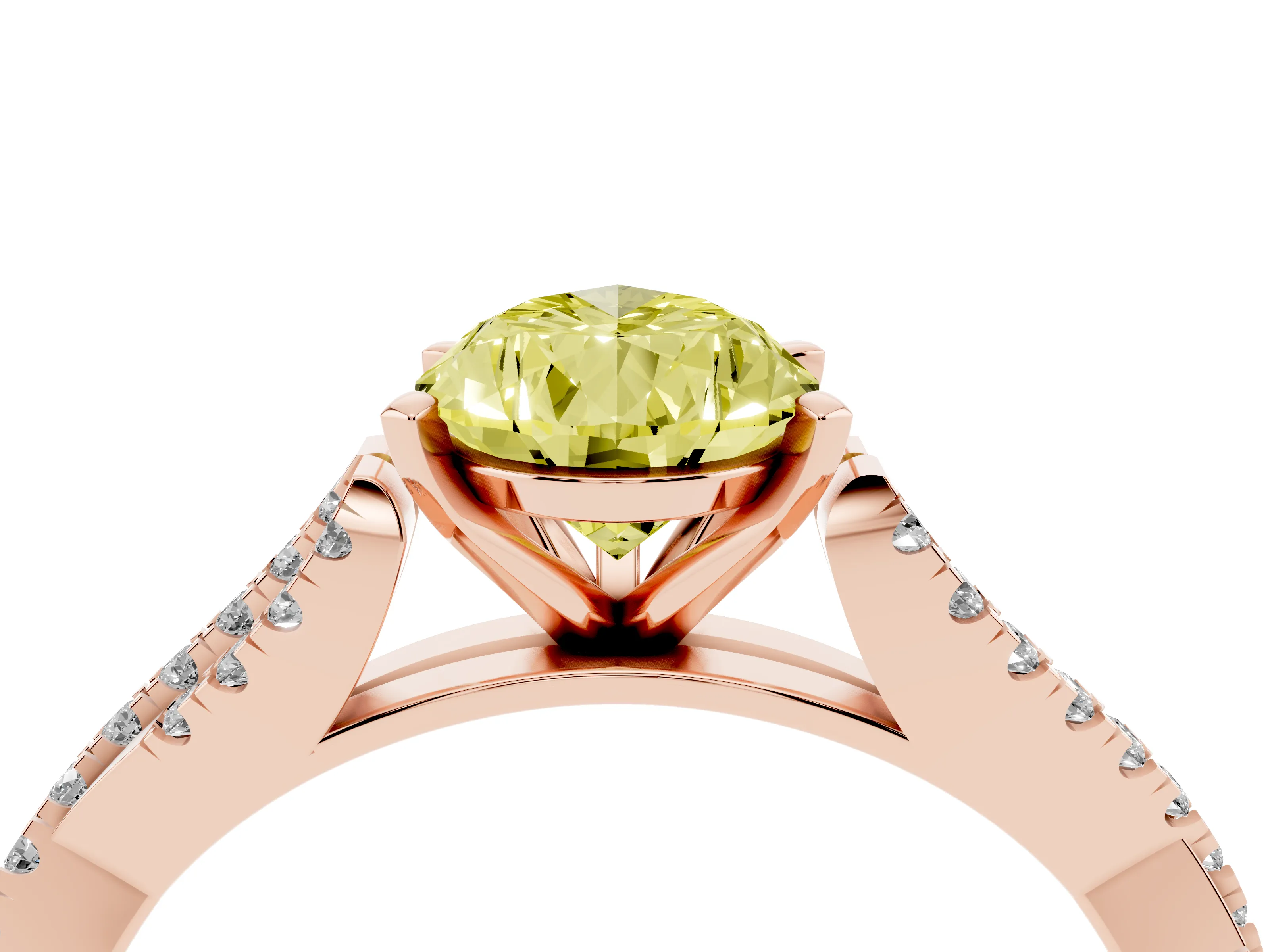 Fancy Yellow Pear Cut Diamond Solitaire Engagement Ring Set in Rose gold with Twisted Pavé Band and Prong Setting