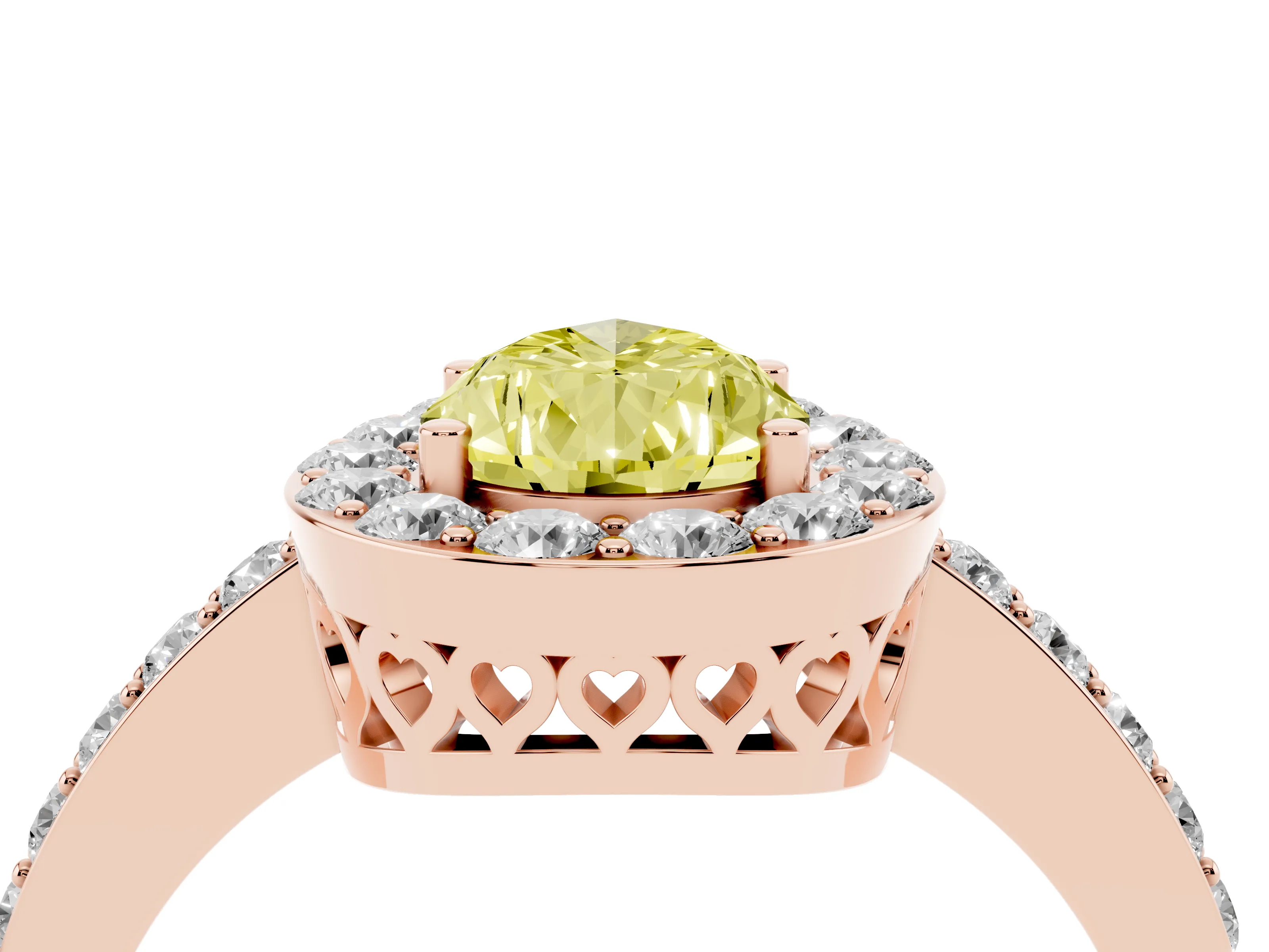 Fancy Yellow Pear Cut Diamond Halo Ring Set in Rose gold with Pavé-Setting Band and Open Prong Center