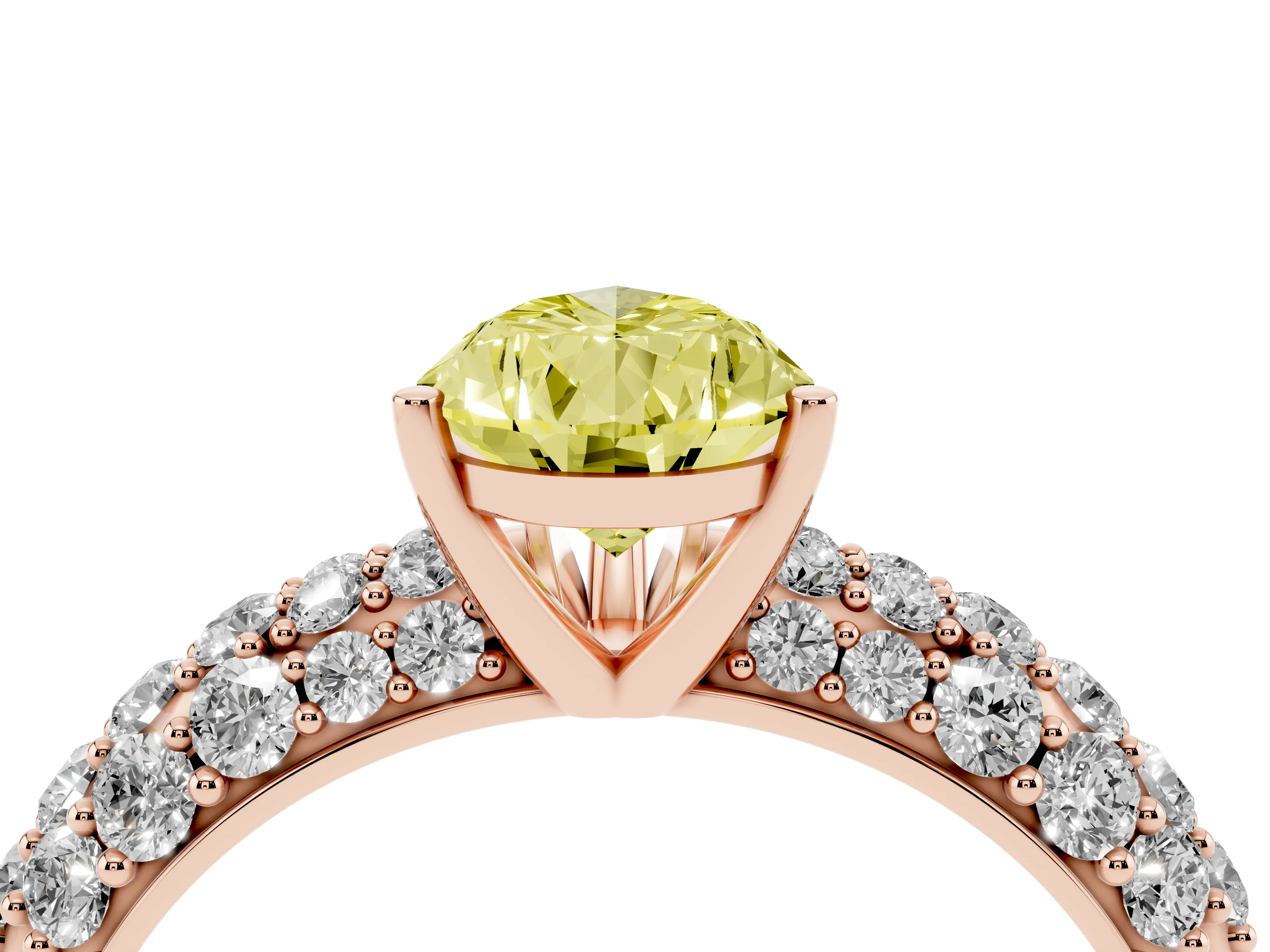Fancy Yellow Pear Cut Diamond Pavé Band Solitaire Ring Set in Rose gold with Close-Set Accent Stones and Prong Setting
