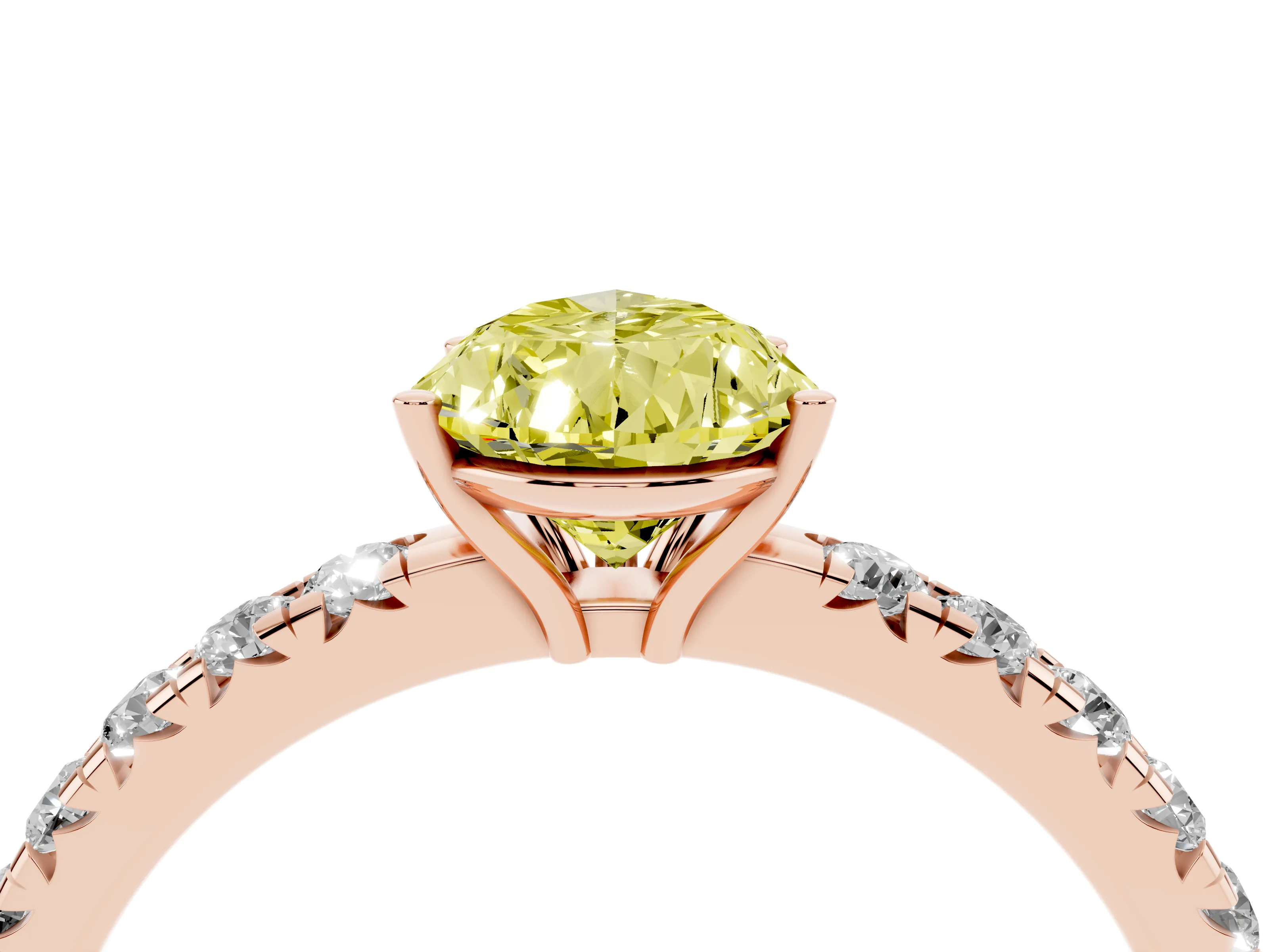 Fancy Yellow Pear Cut Diamond Pavé Solitaire Engagement Ring Set in Rose gold with Prong Setting