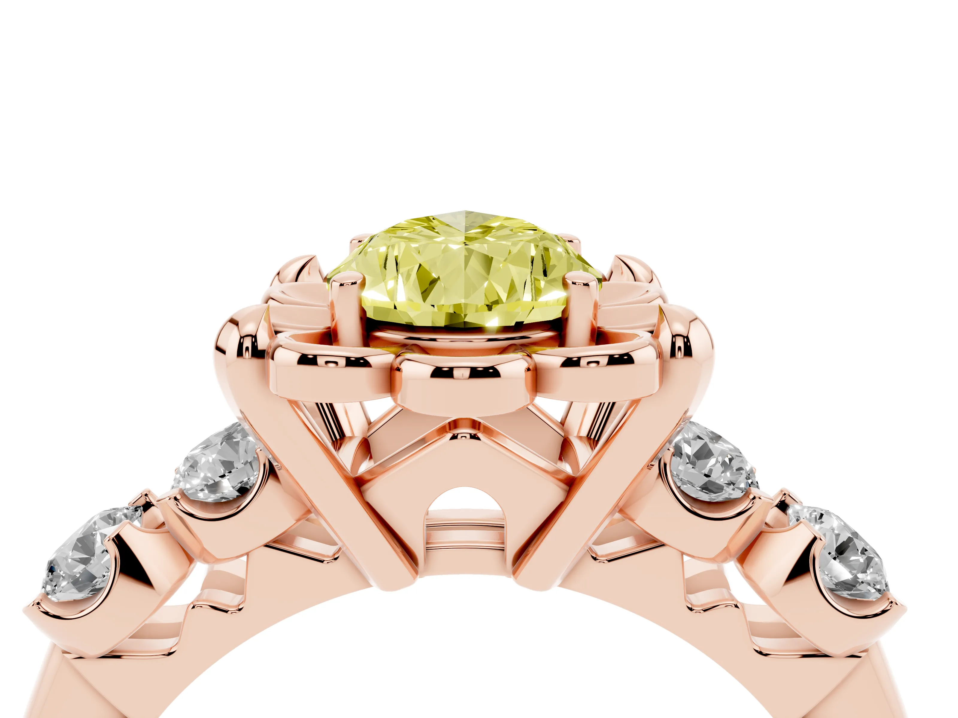 Fancy Yellow Pear Cut Diamond Floral Halo Ring Set in Rose gold with Shared Prong Band