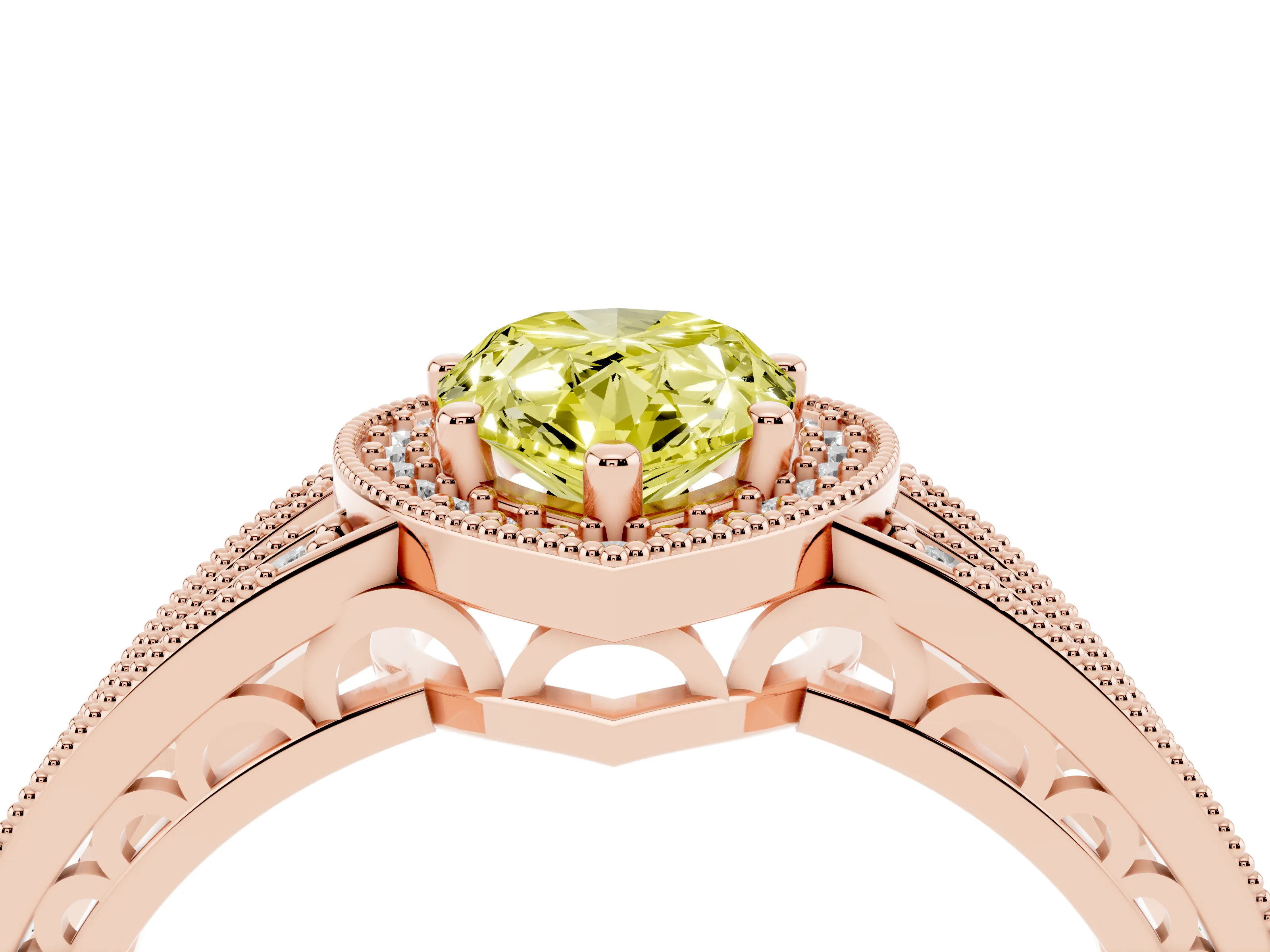 Fancy Yellow Pear Cut Diamond Halo Ring Set in Rose gold with Accent Split Shank and Prong Setting
