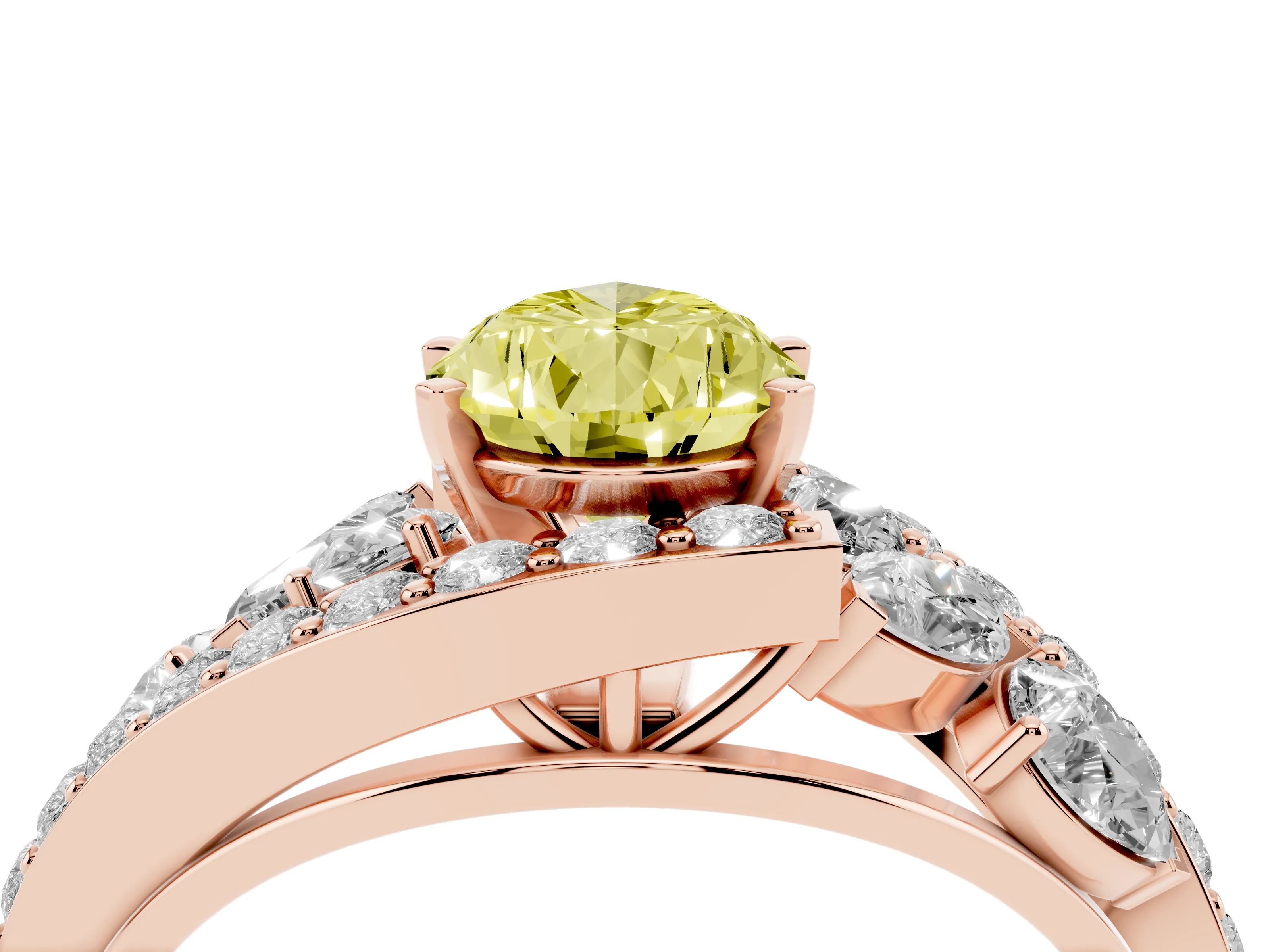 Fancy Yellow Pear Cut Diamond Halo Ring Set in Rose gold with Marquise and Pavé Band in Prong Setting