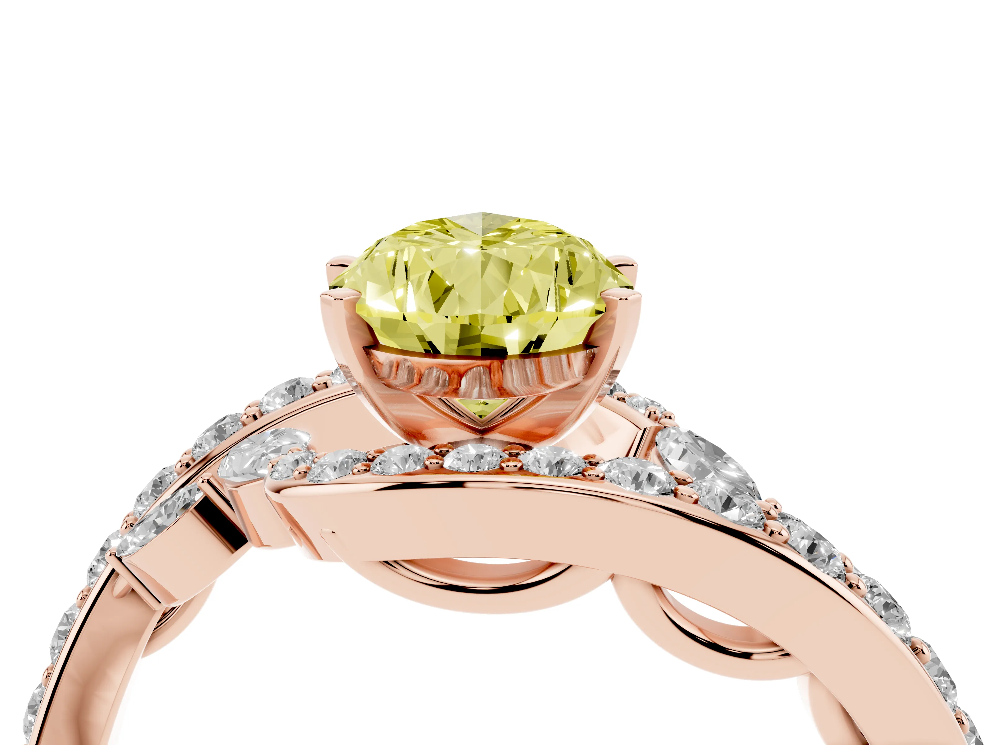 Fancy Yellow Pear Cut Diamond Solitaire Ring Set in Rose gold with Pavé Twist Band and Secure Prong Setting