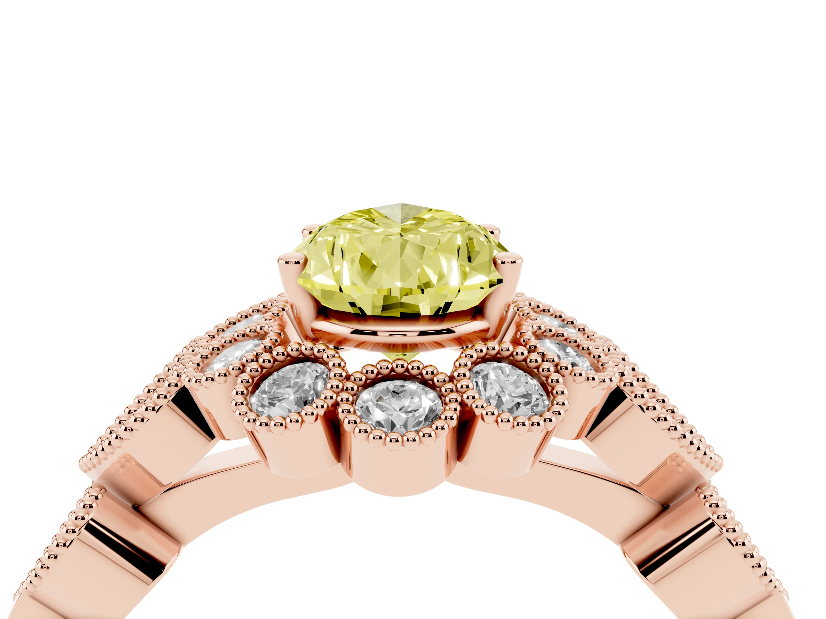 Fancy Yellow Pear Cut Diamond Solitaire Ring Set in Rose gold with Milgrain Pavé Heart Band