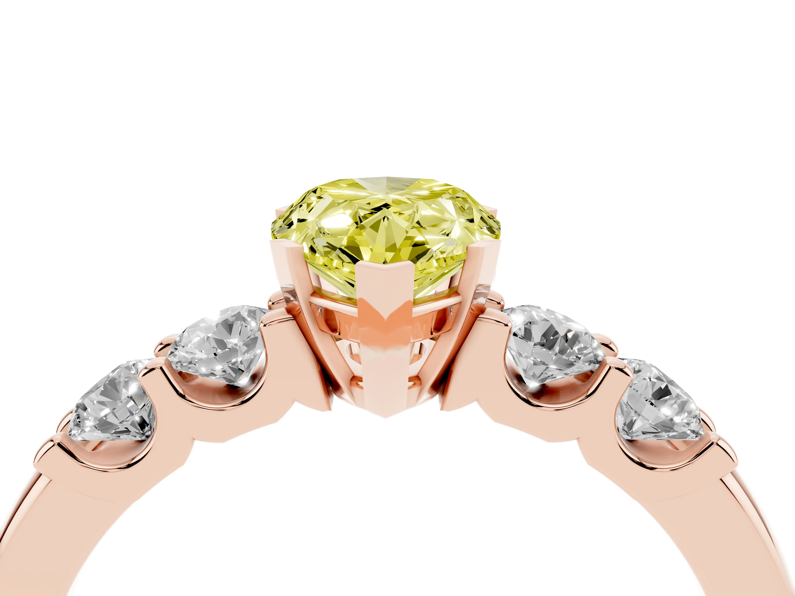 Fancy Yellow Pear Cut Diamond Five-Stone Prong Set Engagement Ring Set in Rose gold with Channel Band