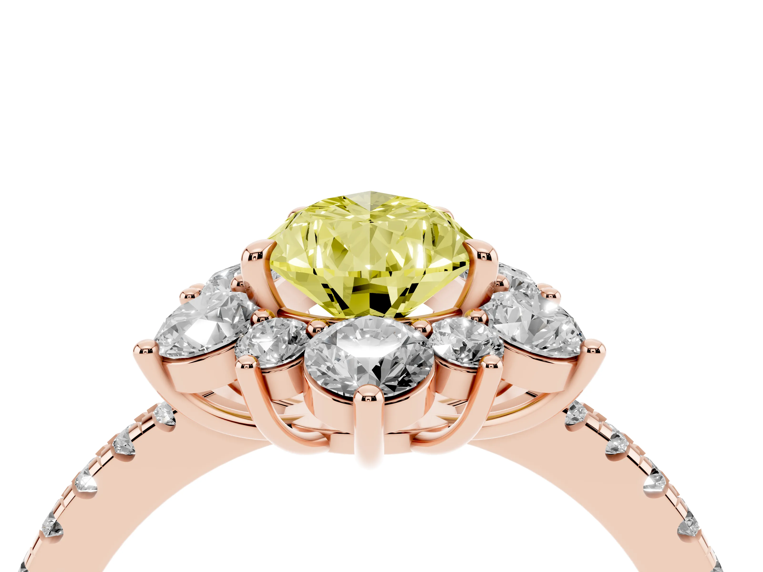Fancy Yellow Pear Cut Diamond Floral Halo Ring Set in Rose gold with Round Pavé Band and Prong Setting