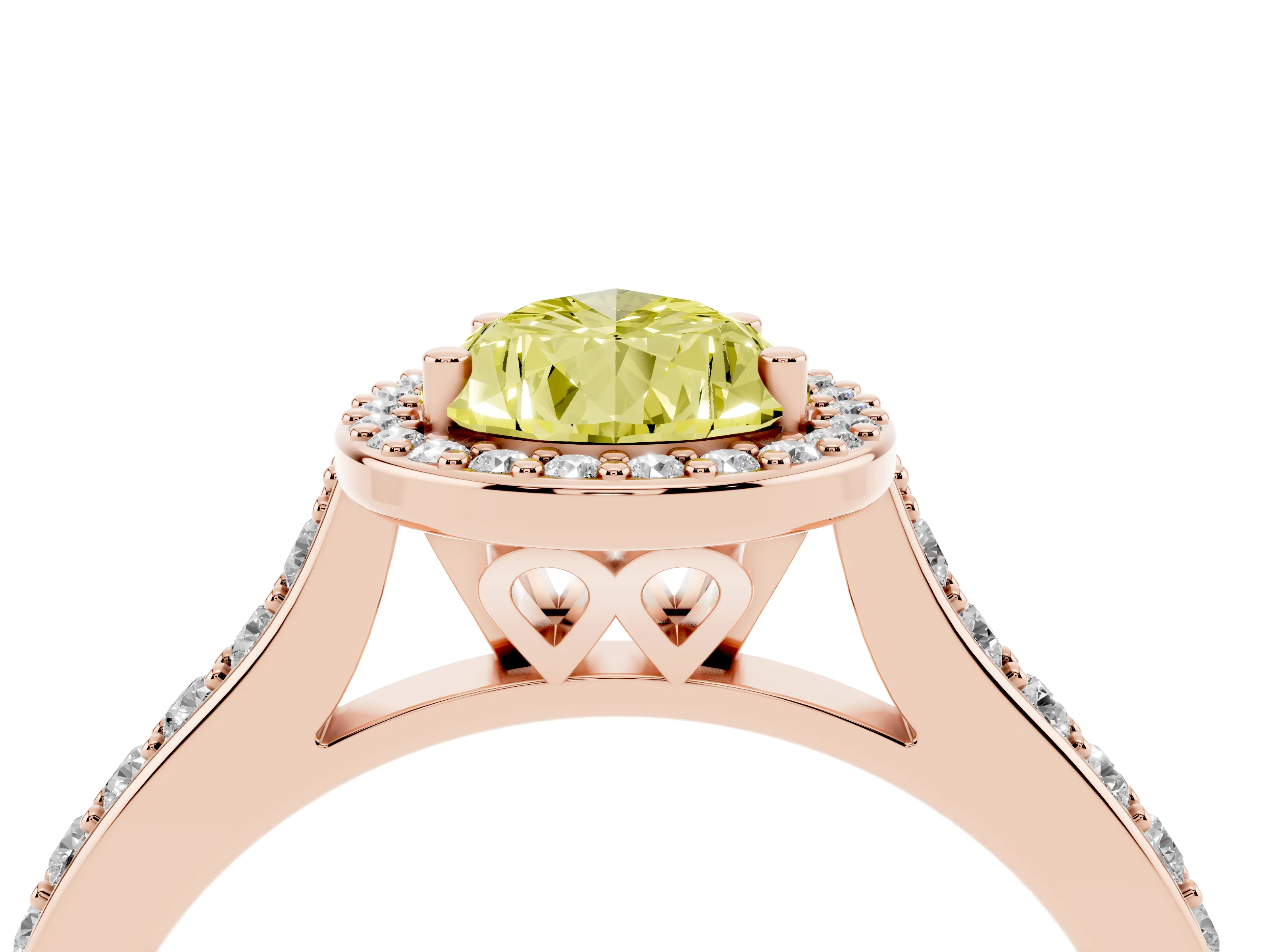 Fancy Yellow Pear Cut Diamond Halo Engagement Ring Set in Rose gold with Round Pavé Shoulders and Heart Gallery