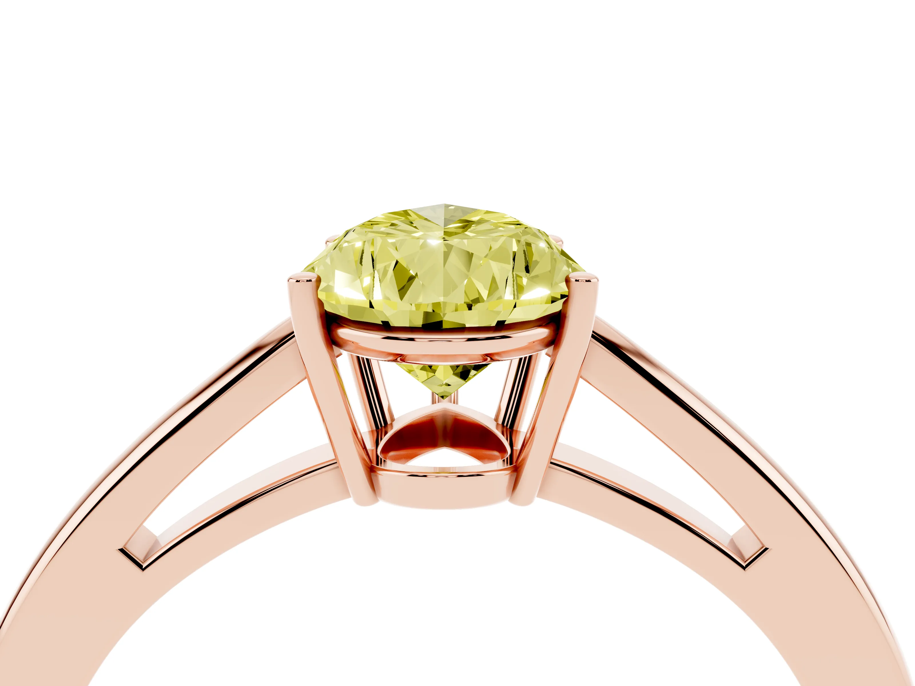Fancy Yellow Pear Cut Diamond Solitaire Ring Set in Rose gold with Split Shank and Prong Setting