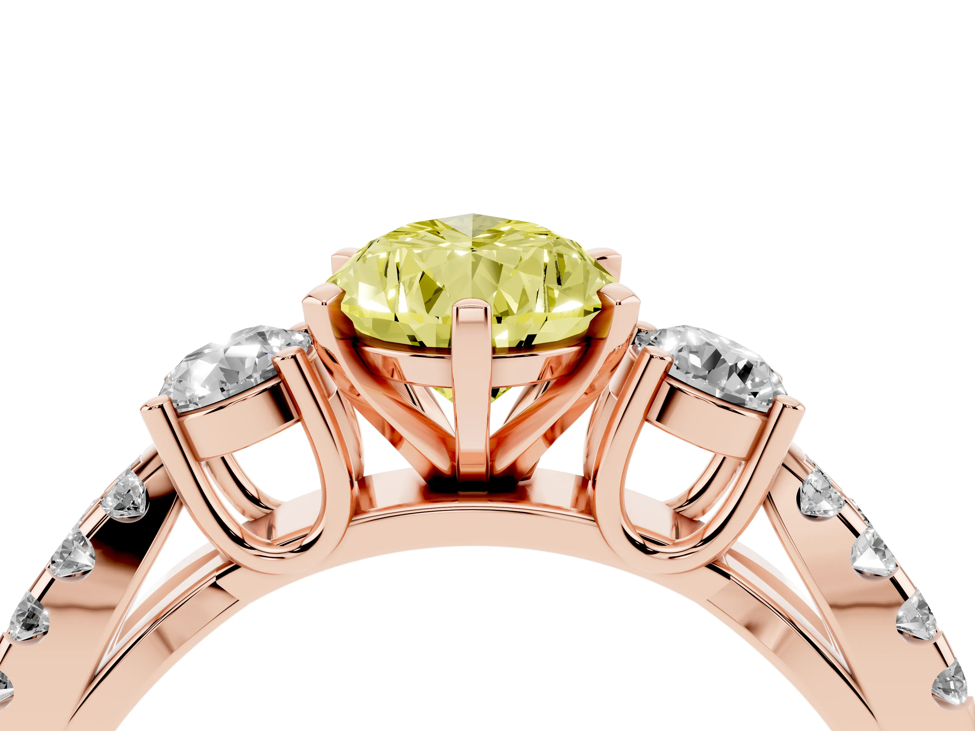 Fancy Yellow Pear Cut Diamond Three-Stone Ring Set in Rose gold with Pavé Split Shank and Prong Setting