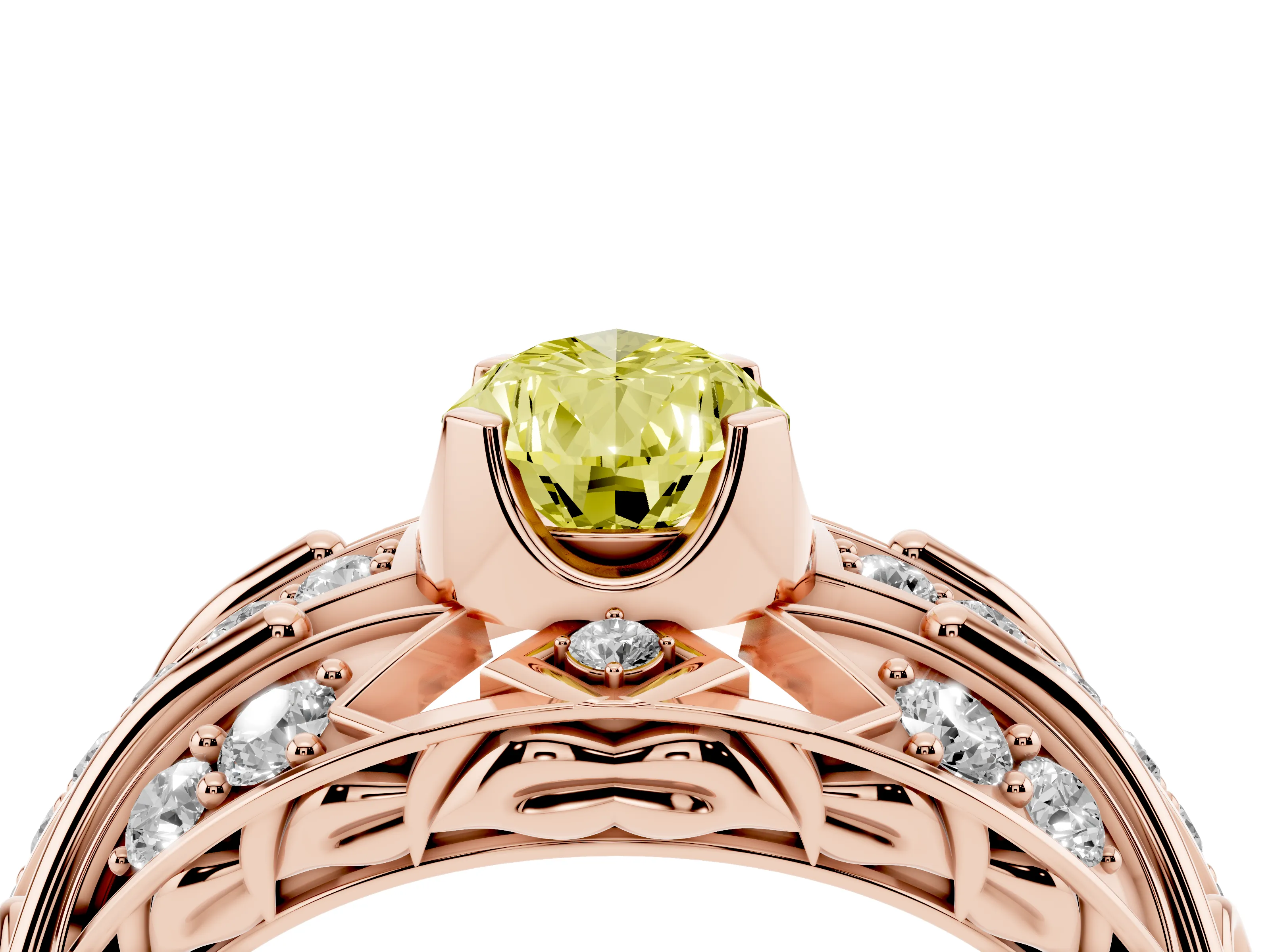 Fancy Yellow Pear Cut Diamond Art Deco Ring Set in Rose gold with Pavé Split Shank
