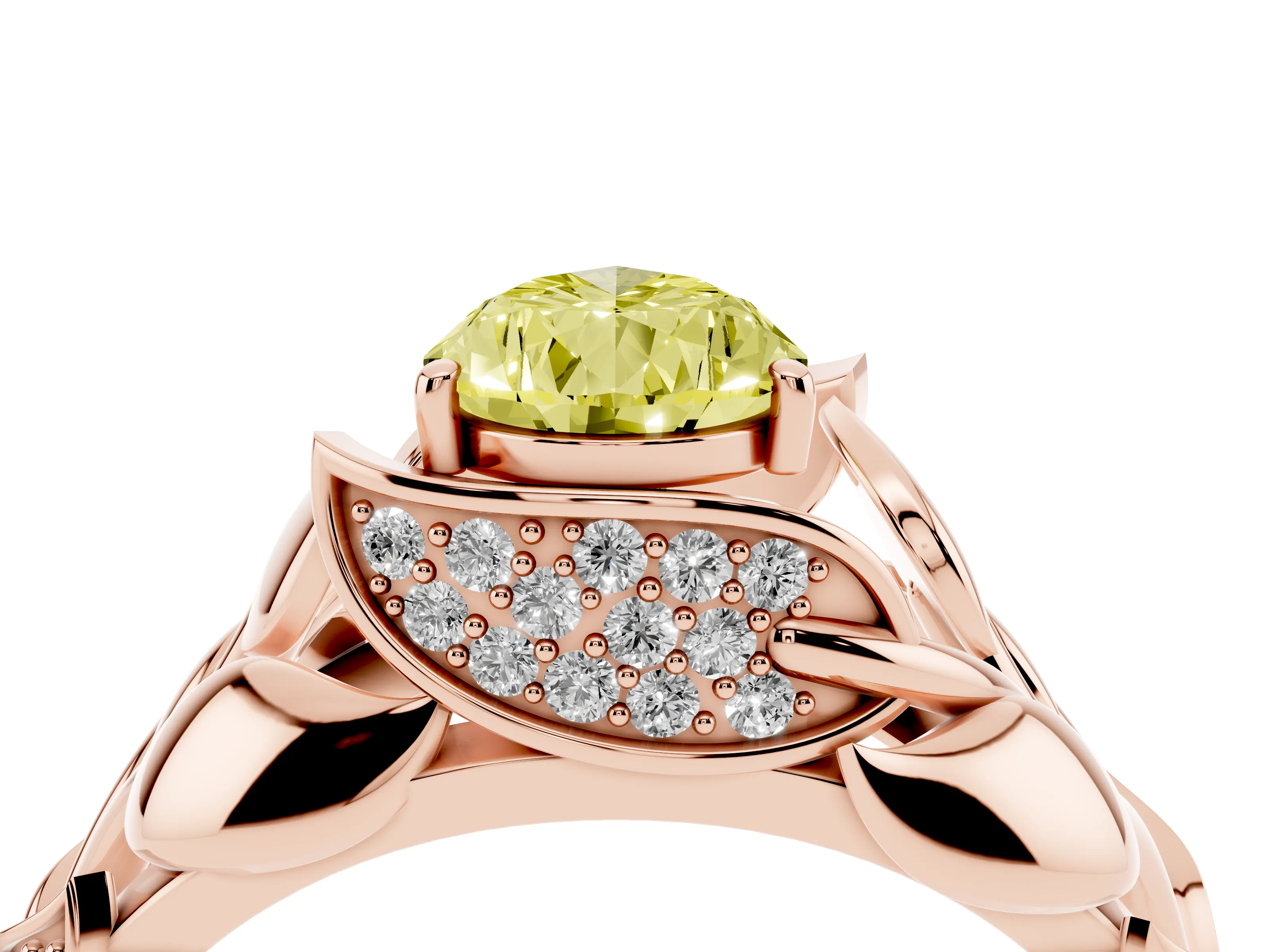 Fancy Yellow Pear Cut Diamond Leaf-Inspired Engagement Ring Set in Rose gold with Round Accents