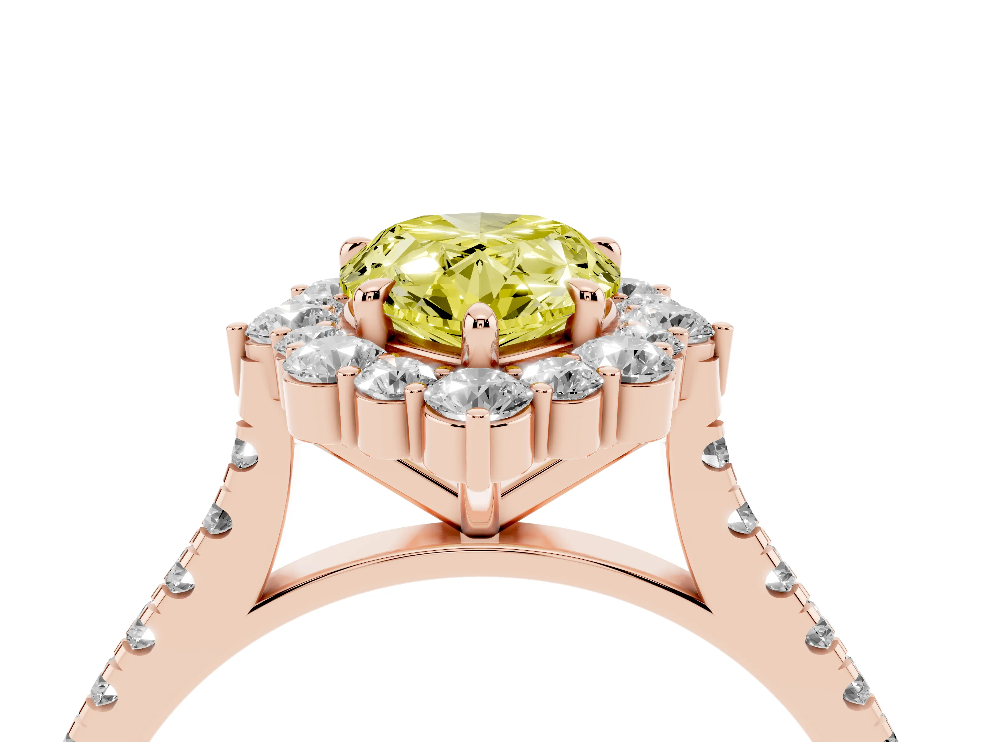 Fancy Yellow Pear Cut Diamond Halo Ring Set in Rose gold with Pavé Band and Prong Setting