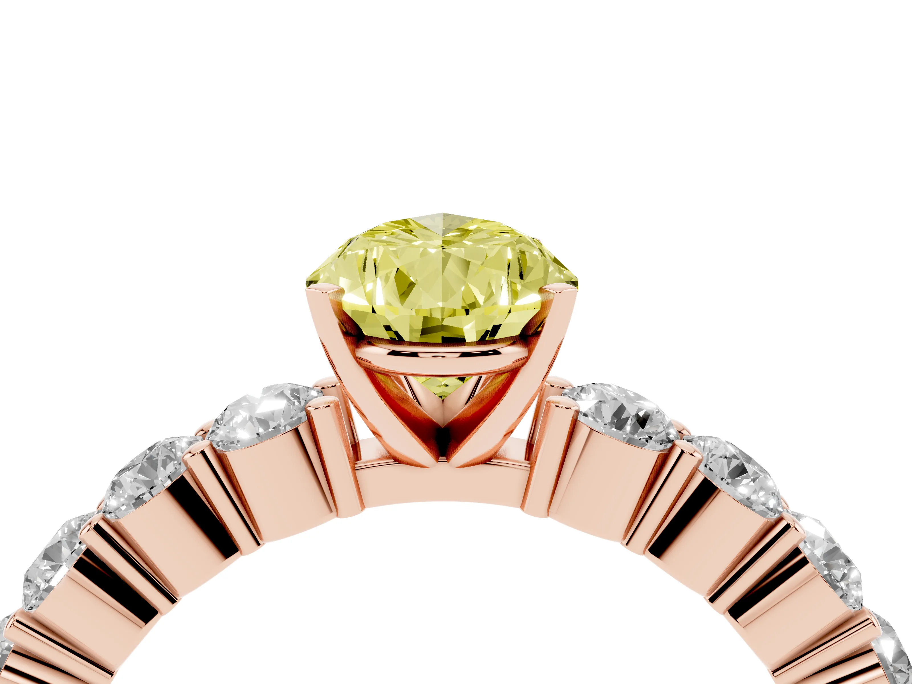 Fancy Yellow Pear Cut Diamond Solitaire Ring Set in Rose gold with Shared Prong Round Side Stones