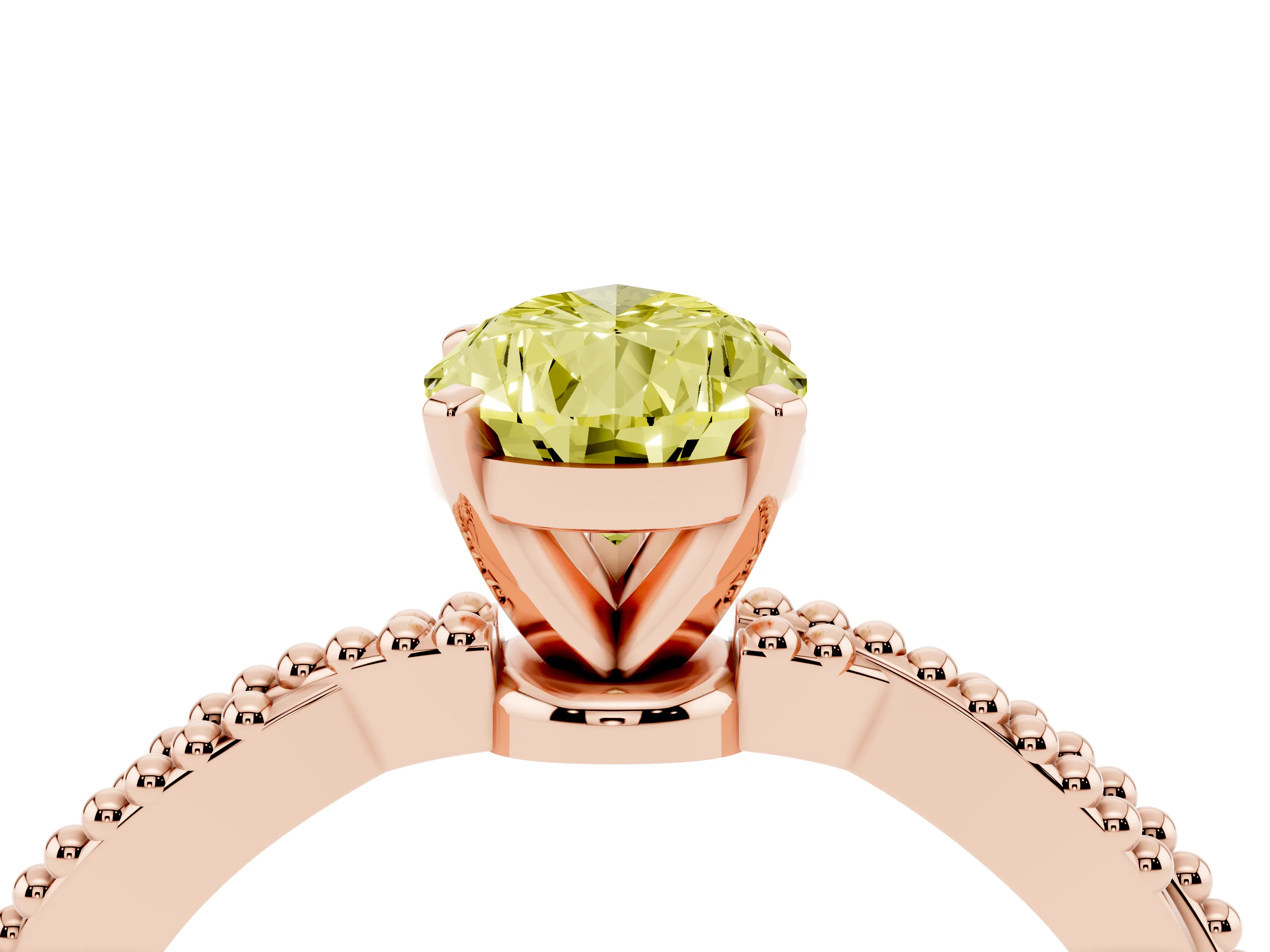 Fancy Yellow Pear Cut Diamond Solitaire Ring Set in Rose gold with Twisted Band and Bead Prong Setting