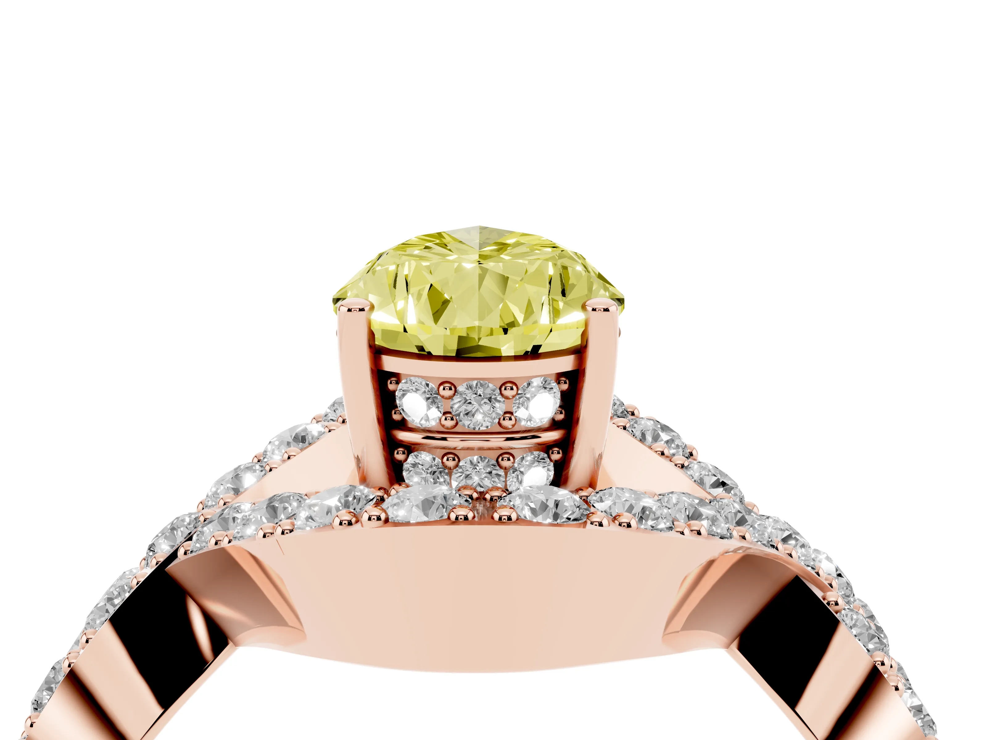 Fancy Yellow Pear Cut Diamond Solitaire Twist Band Pavé Engagement Ring Set in Rose gold