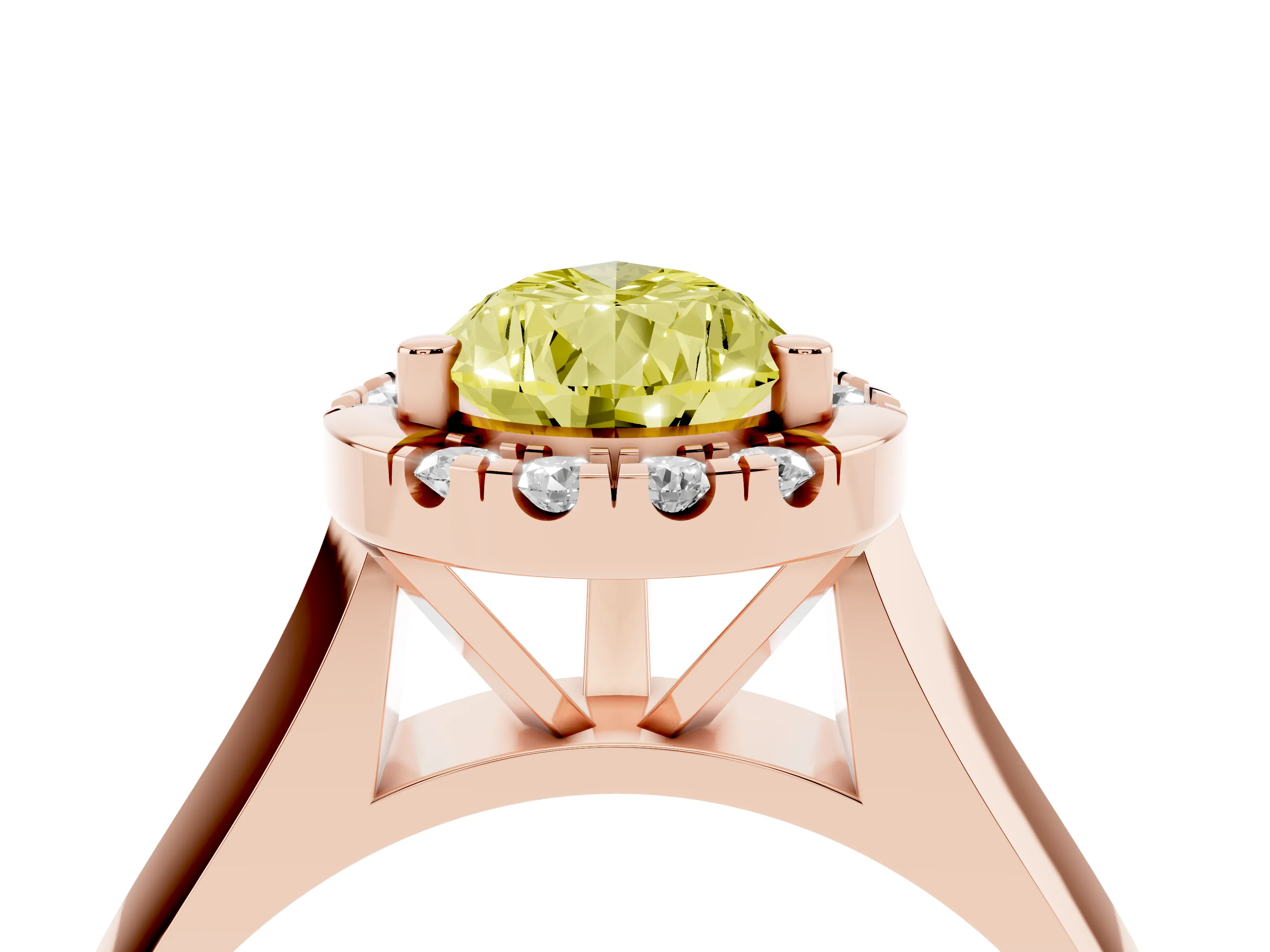 Fancy Yellow Pear Cut Diamond Halo Solitaire Engagement Ring Set in Rose gold with Square Band and Prong Setting