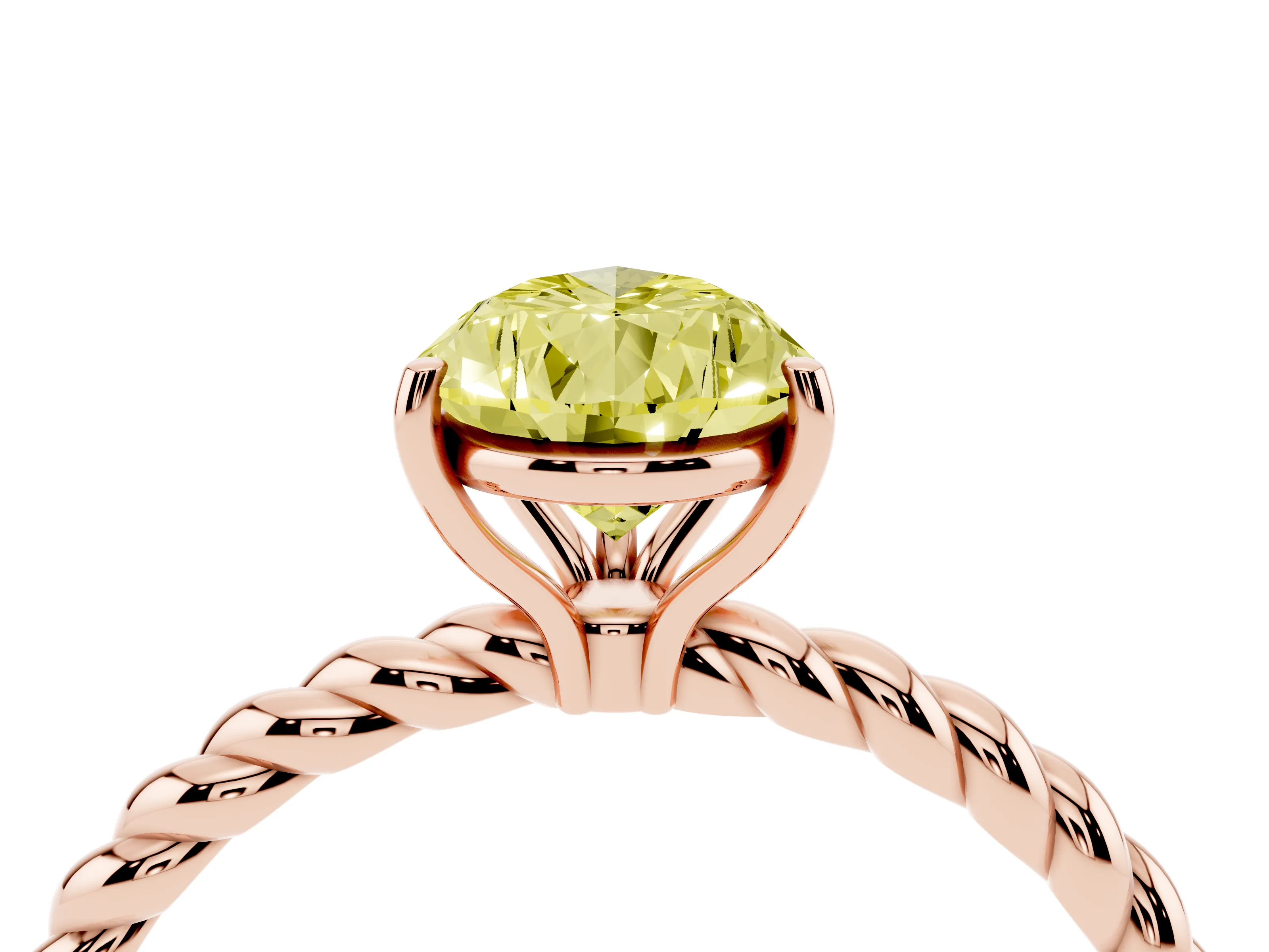 Fancy Yellow Pear Cut Diamond Solitaire Ring Set in Rose gold with Twist Band and Prong Setting