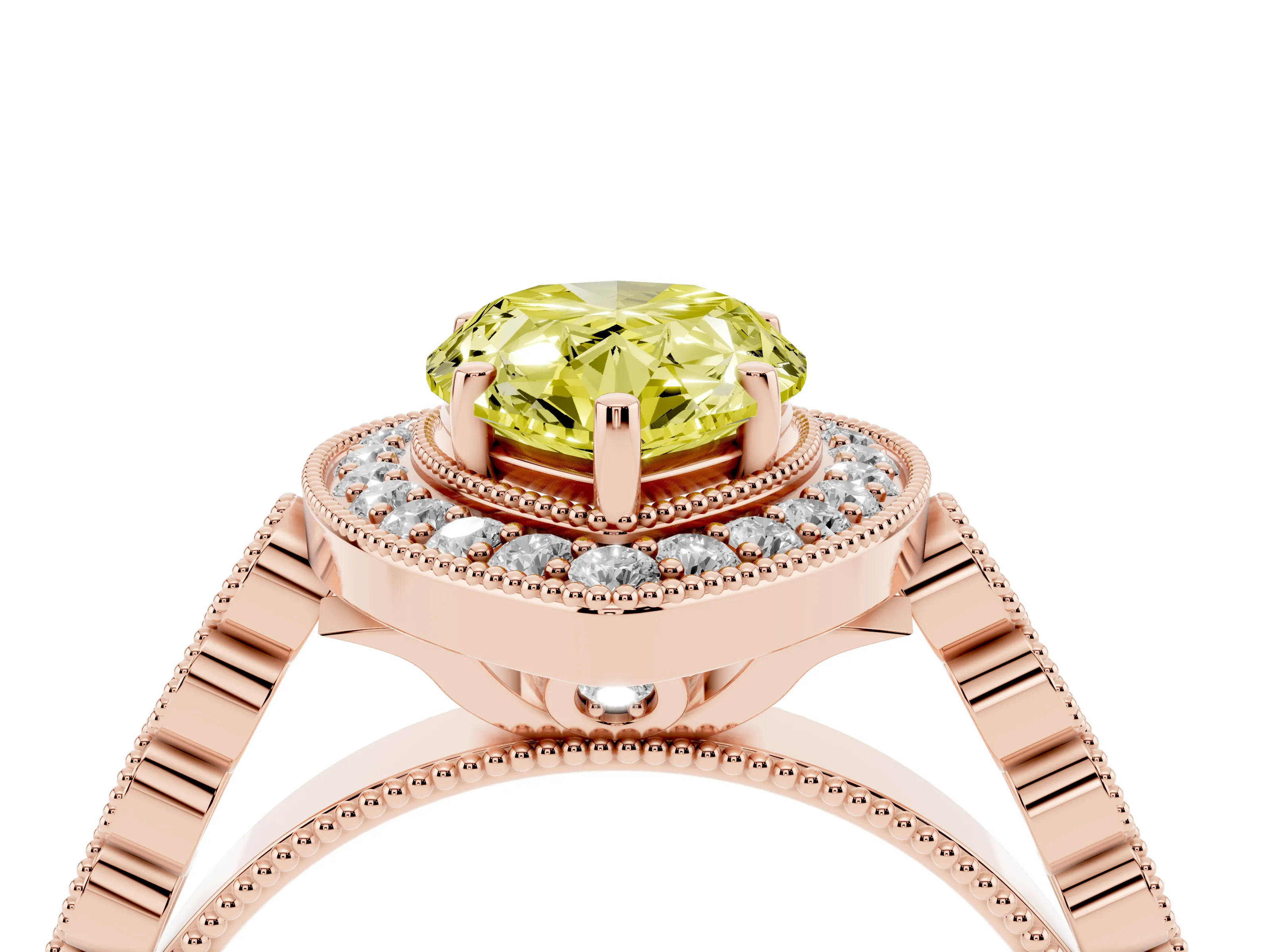 Fancy Yellow Pear Cut Diamond Milgrain Halo Solitaire Ring Set in Rose gold with Bezel Set Side Stones and Pavé Band