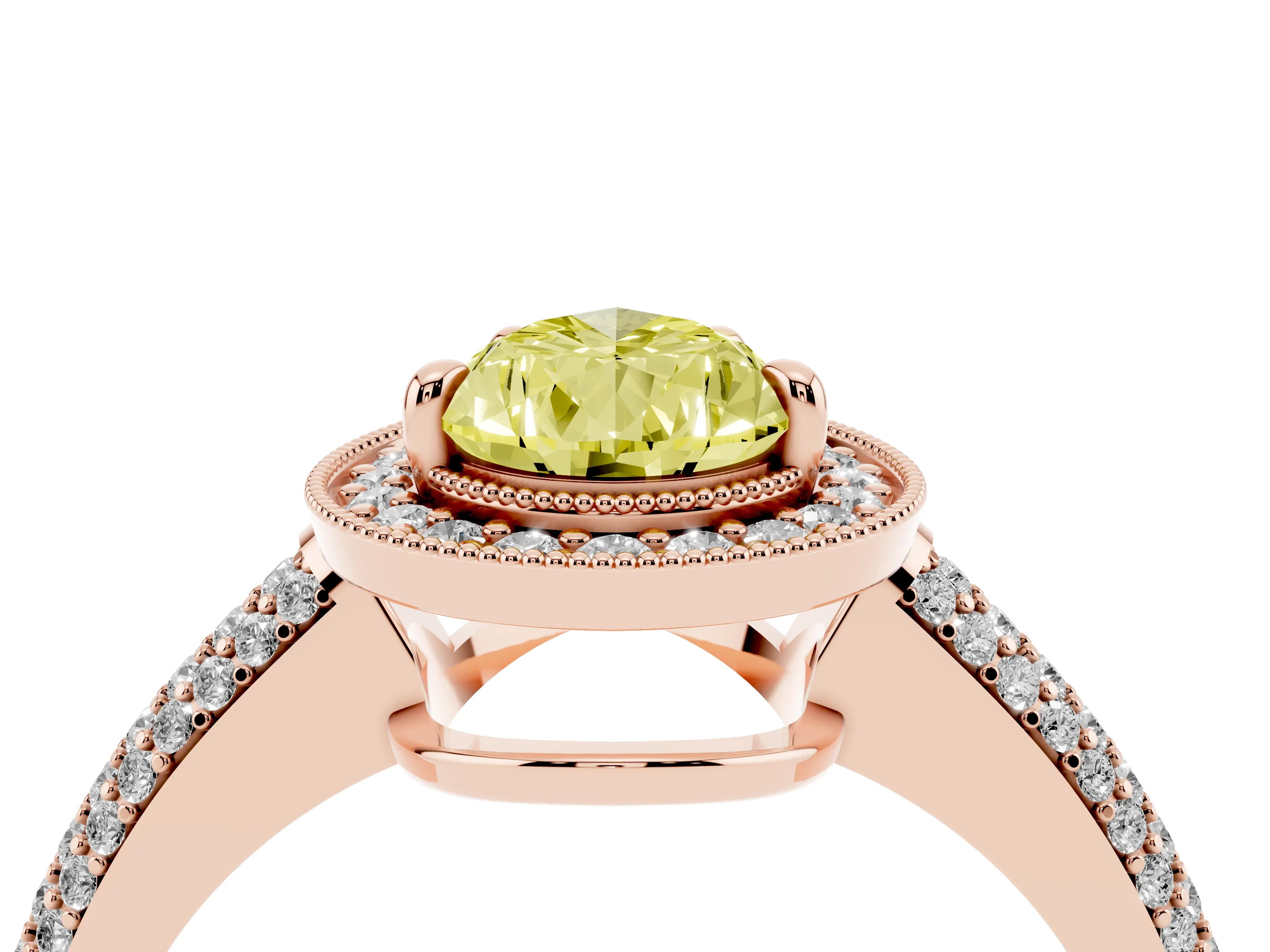 Fancy Yellow Pear Cut Diamond Halo Pavé Band Set in Rose gold with Prong Setting
