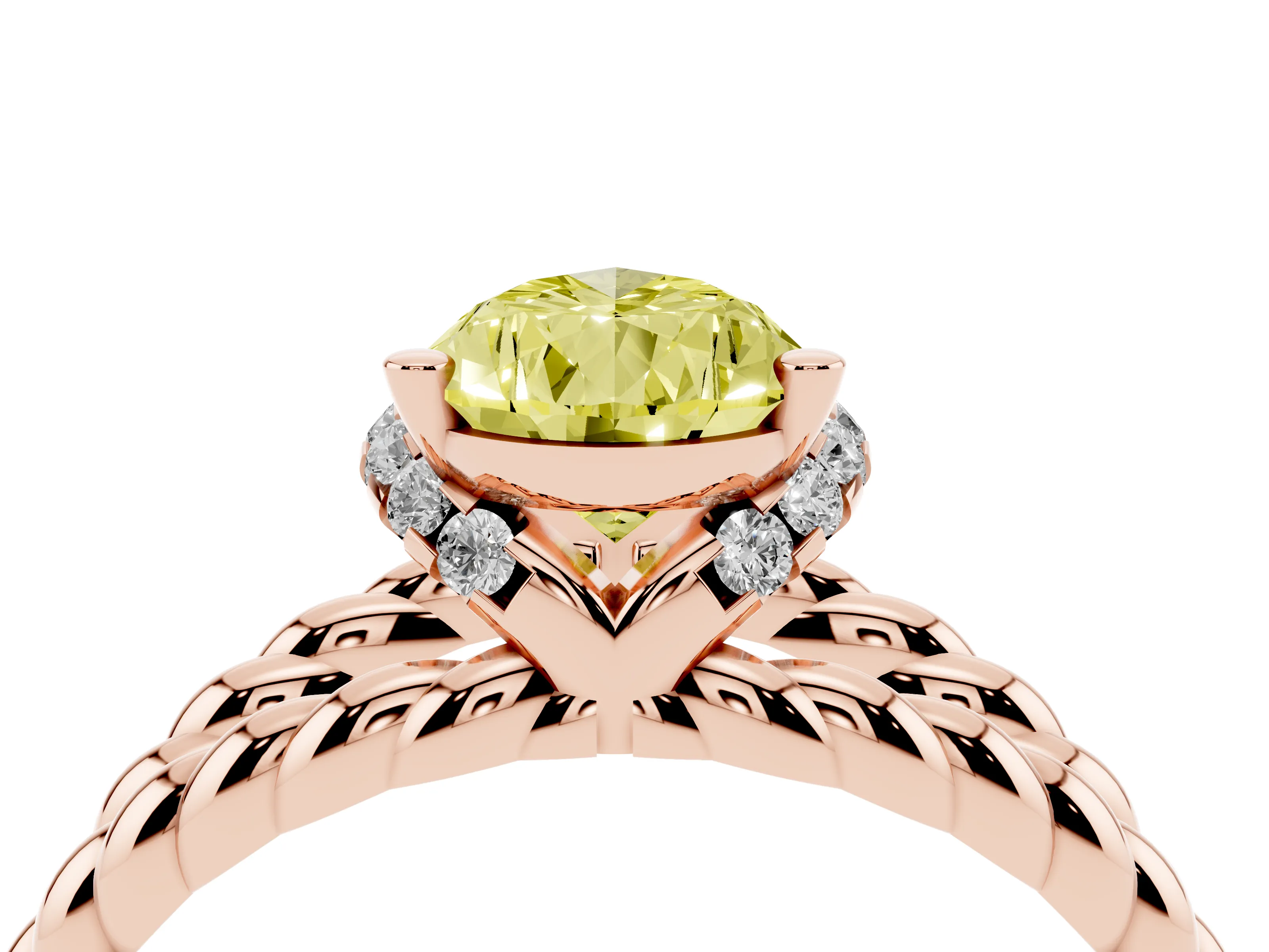 Fancy Yellow Pear Cut Diamond Halo Ring Set in Rose gold with Twisted Band and Prong Setting