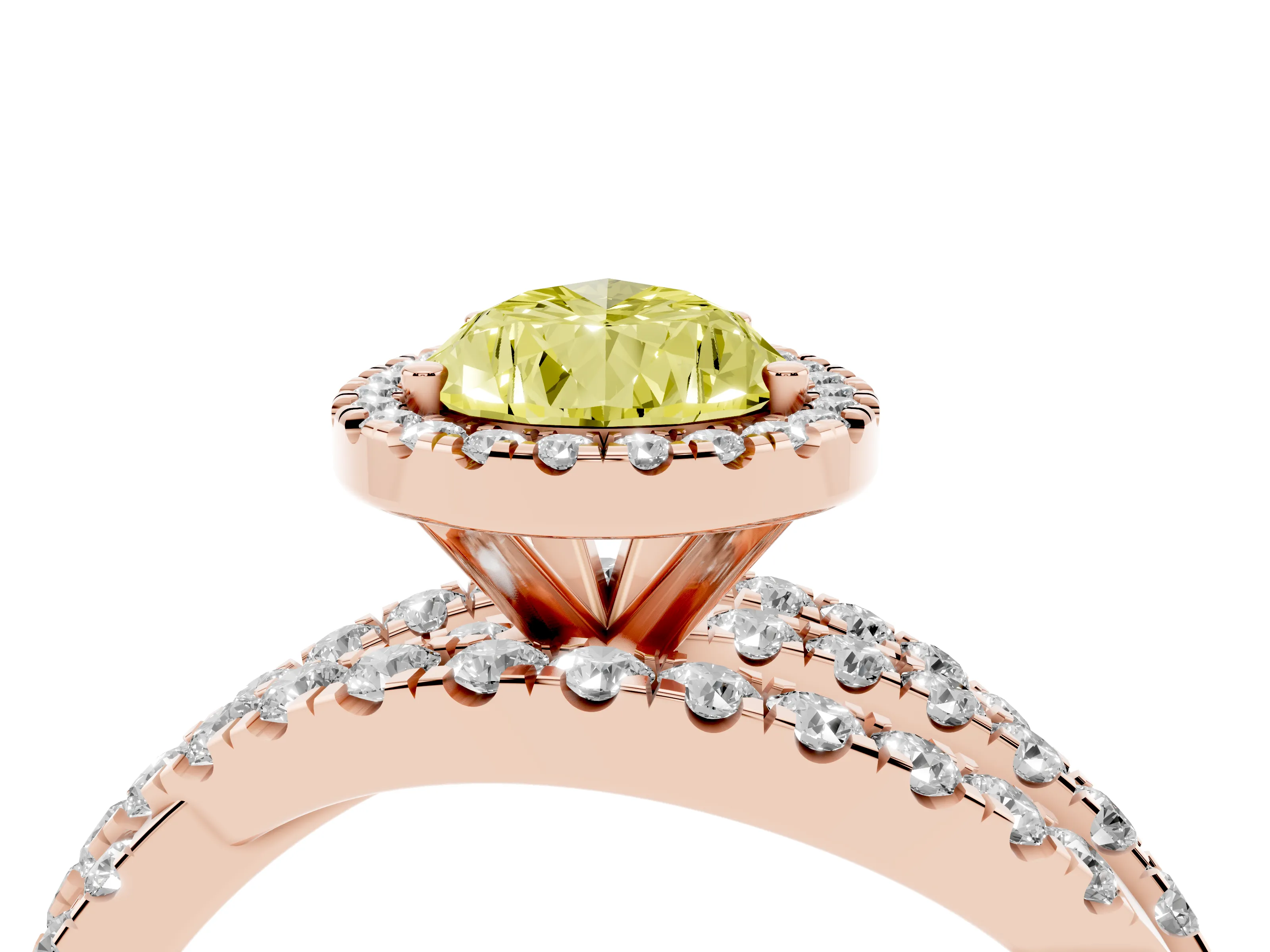 Fancy Yellow Pear Cut Diamond Halo Ring Set in Rose gold with Round Crossover Split Shank and Prong Setting