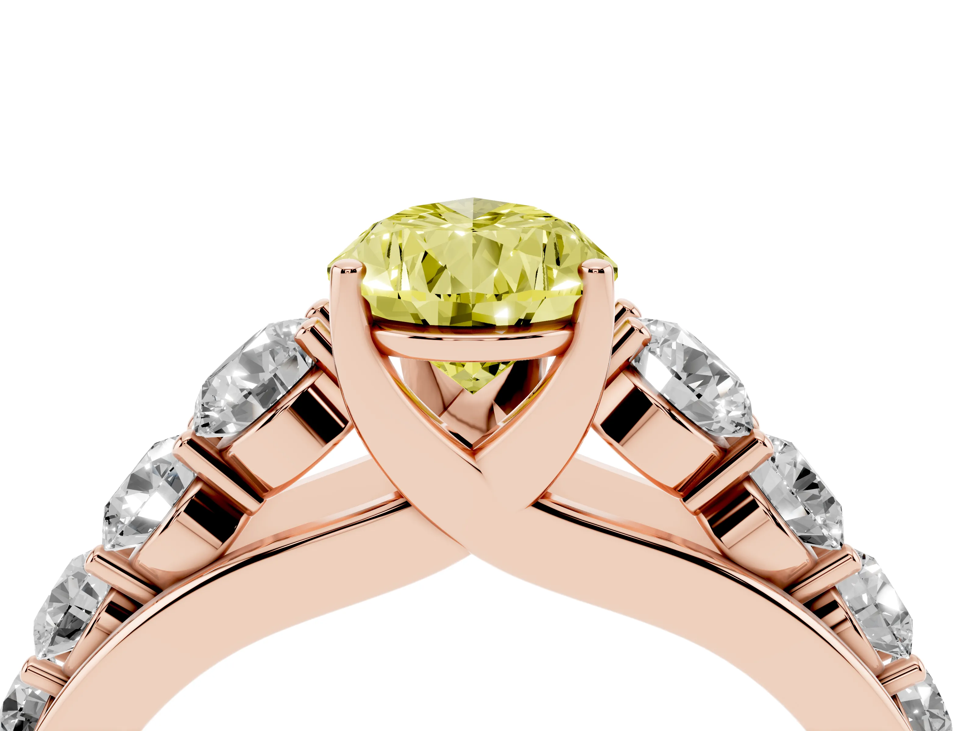 Fancy Yellow Pear Cut Diamond Solitaire Ring Set in Rose gold with Pavé-Set Band and Prong Setting