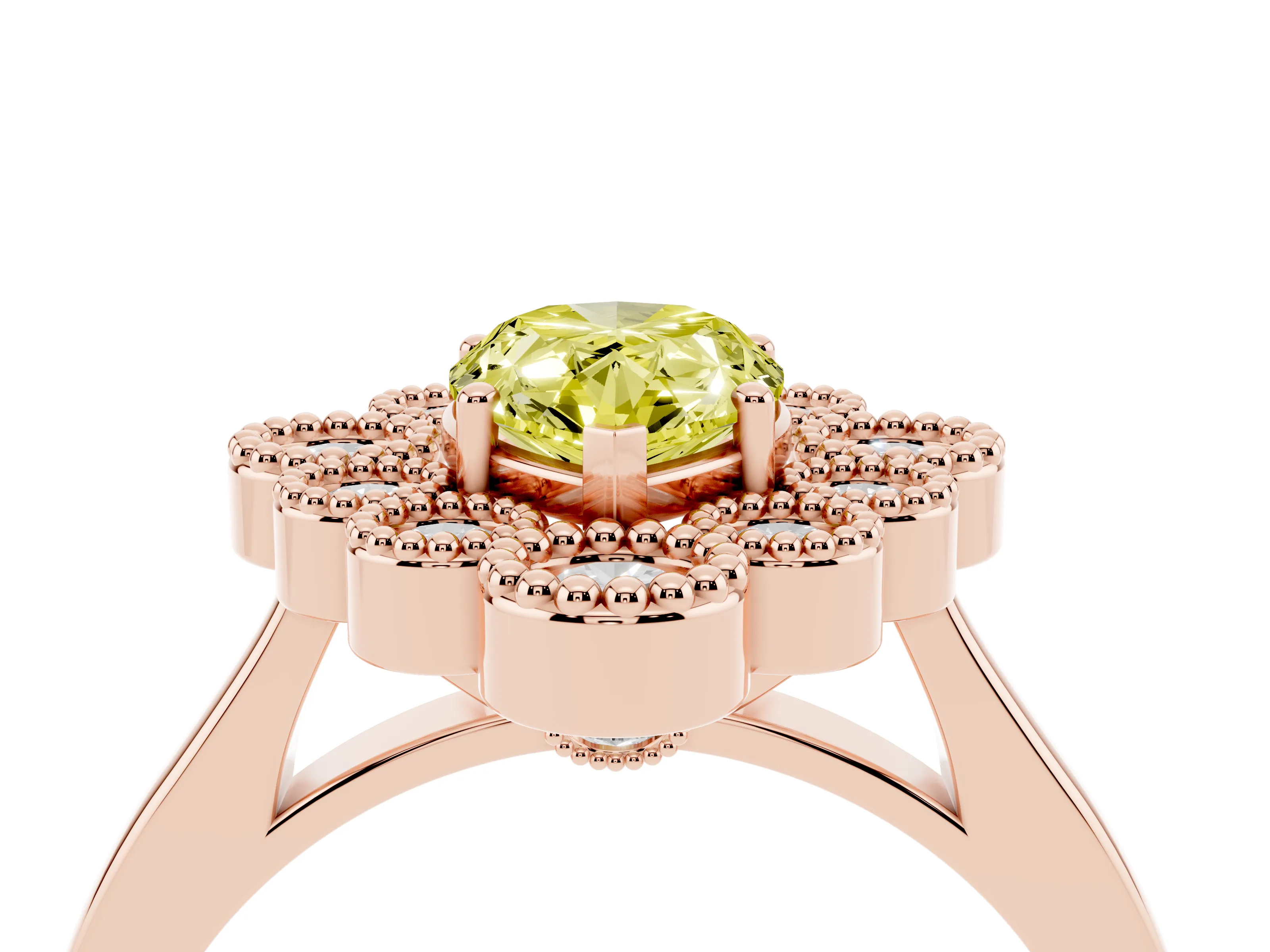 Fancy Yellow Pear Cut Diamond Cluster Halo Ring Set in Rose gold with Milgrain Bezel Accents and Plain Band