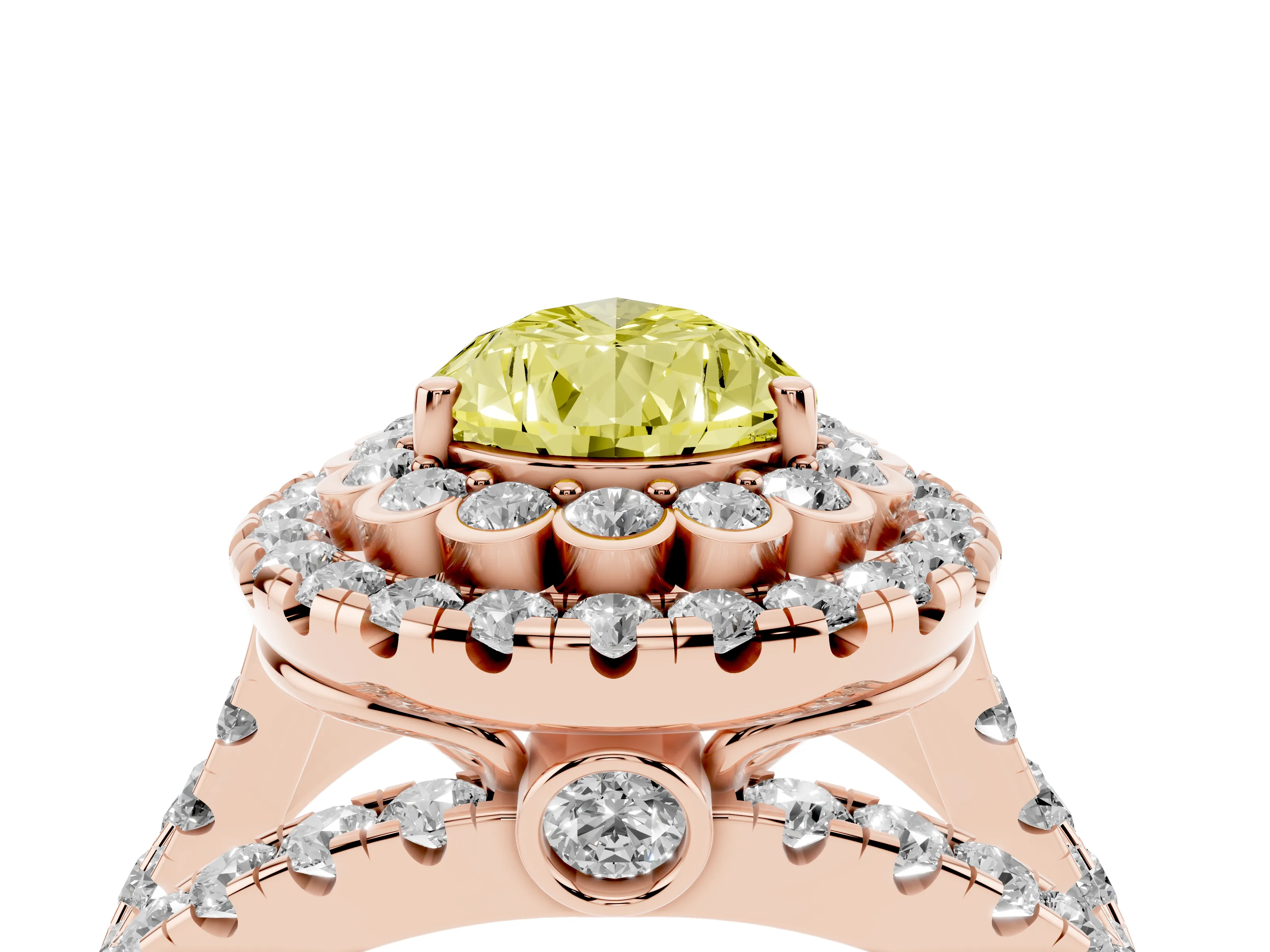 Fancy Yellow Pear Cut Diamond Double Halo Ring Set in Rose gold with Round Pavé Split Shank