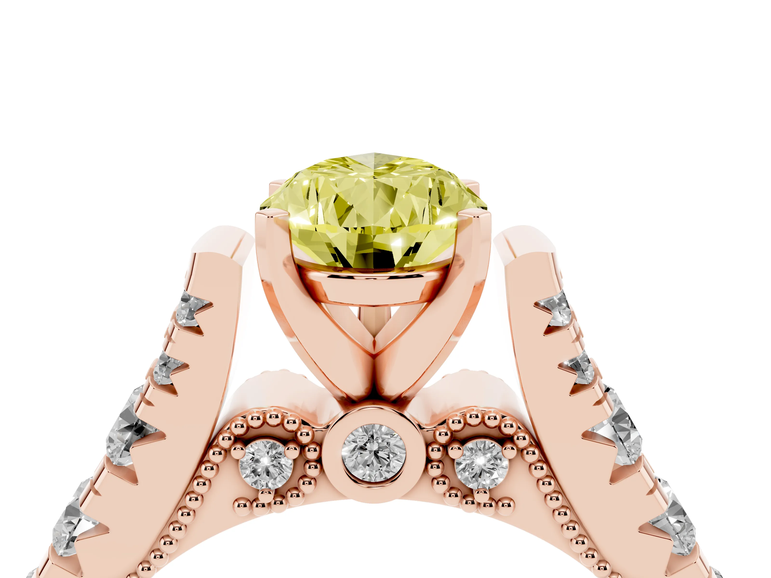 Fancy Yellow Pear Cut Diamond Classic Solitaire Ring Set in Rose gold with Pavé Band and Prong Setting