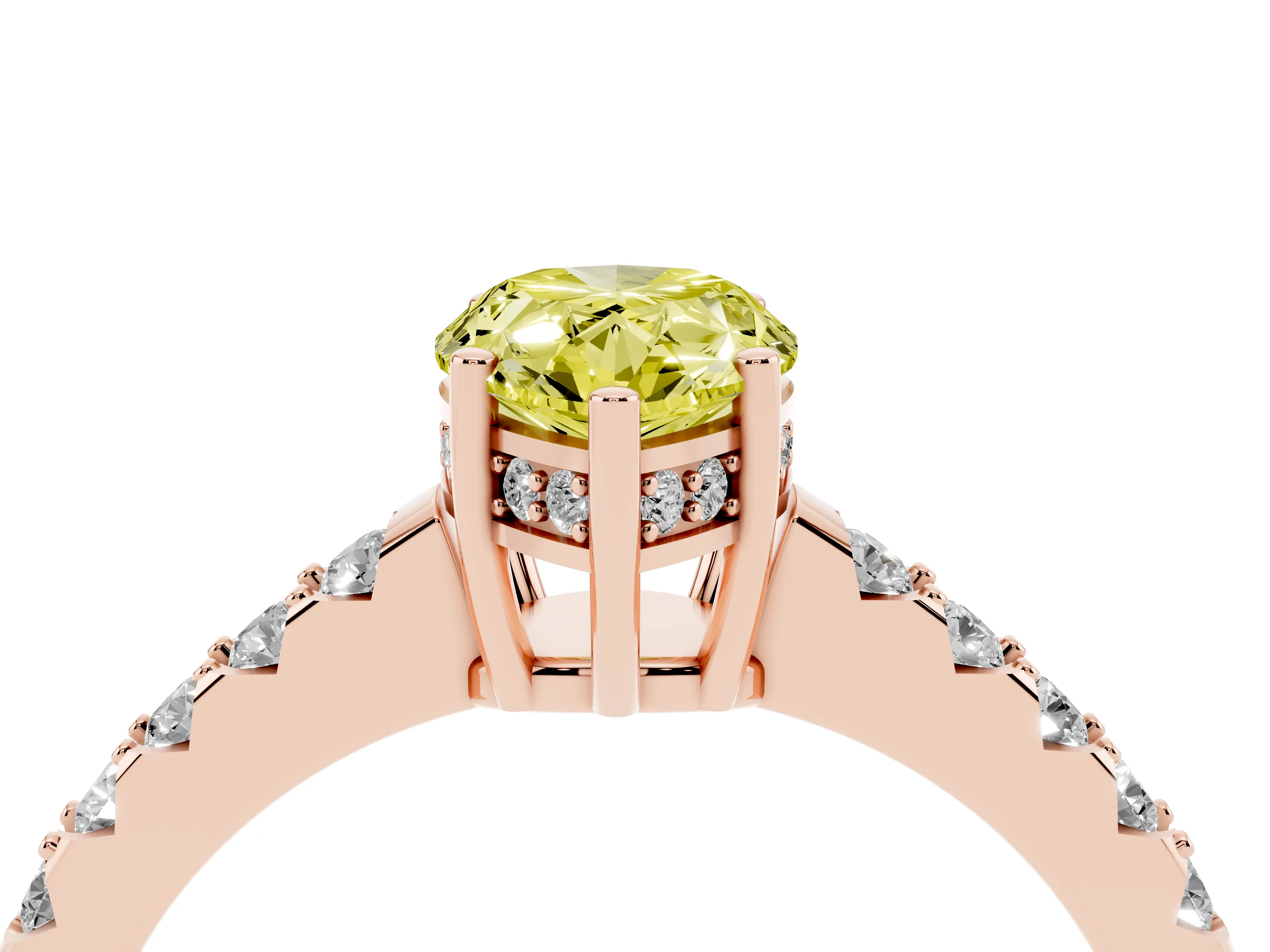 Fancy Yellow Pear Cut Diamond Solitaire Engagement Ring Set in Rose gold with Pavé Band and Prong Setting