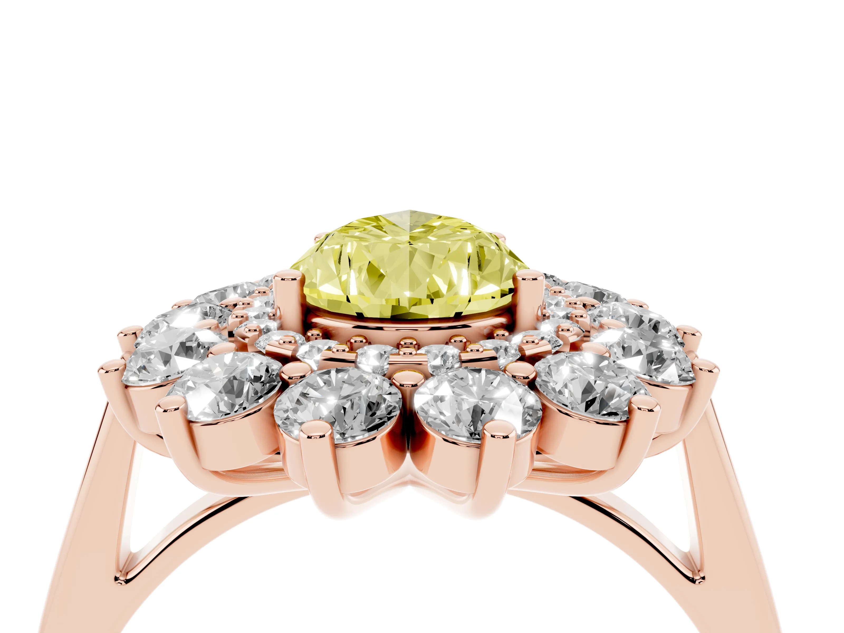 Fancy Yellow Pear Cut Diamond Floral Double Halo Ring Set in Rose gold with Round Petals