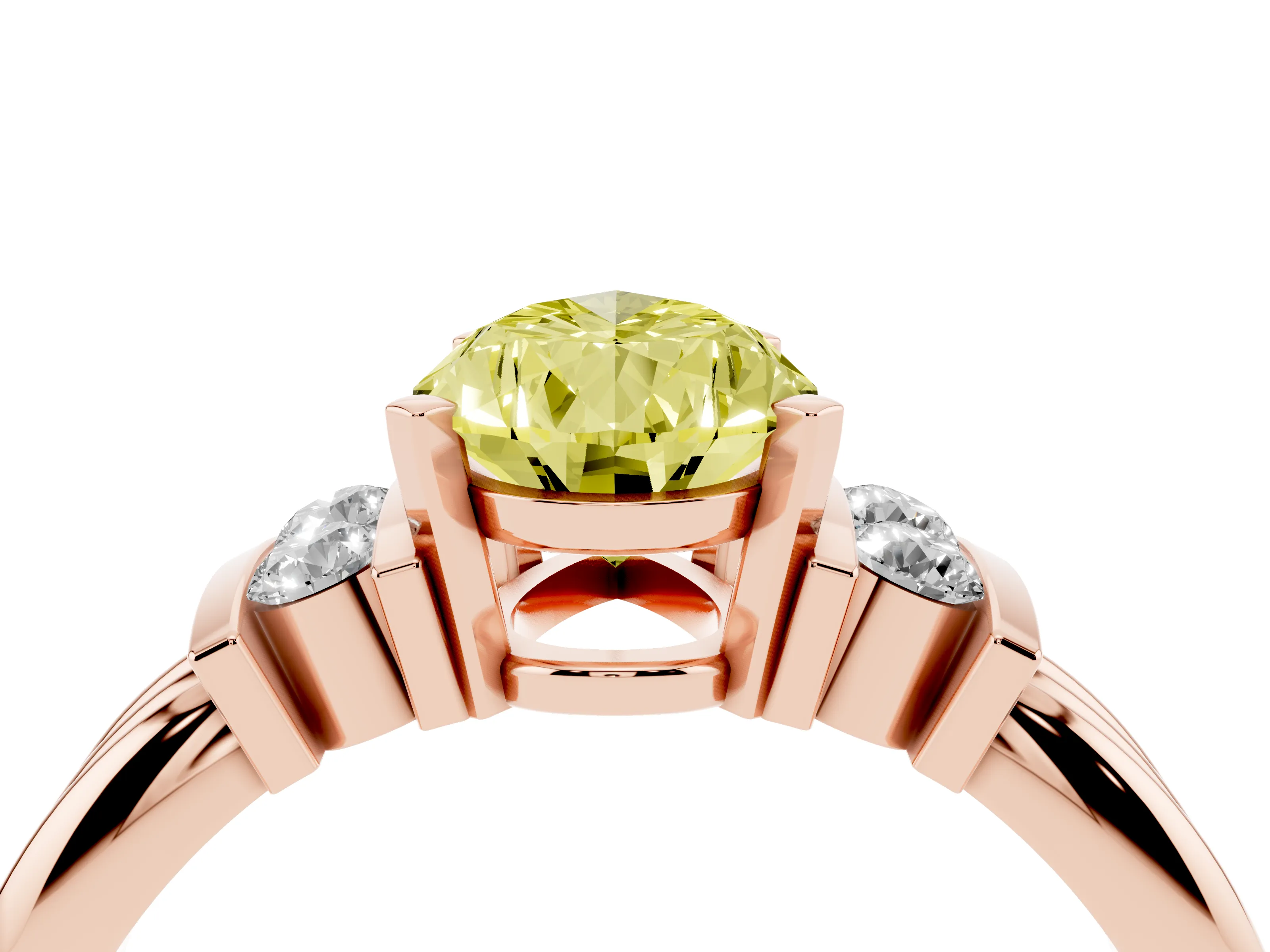 Fancy Yellow Three-Stone Pear Cut Diamond Channel Set Ring Set in Rose gold with Bar Prongs