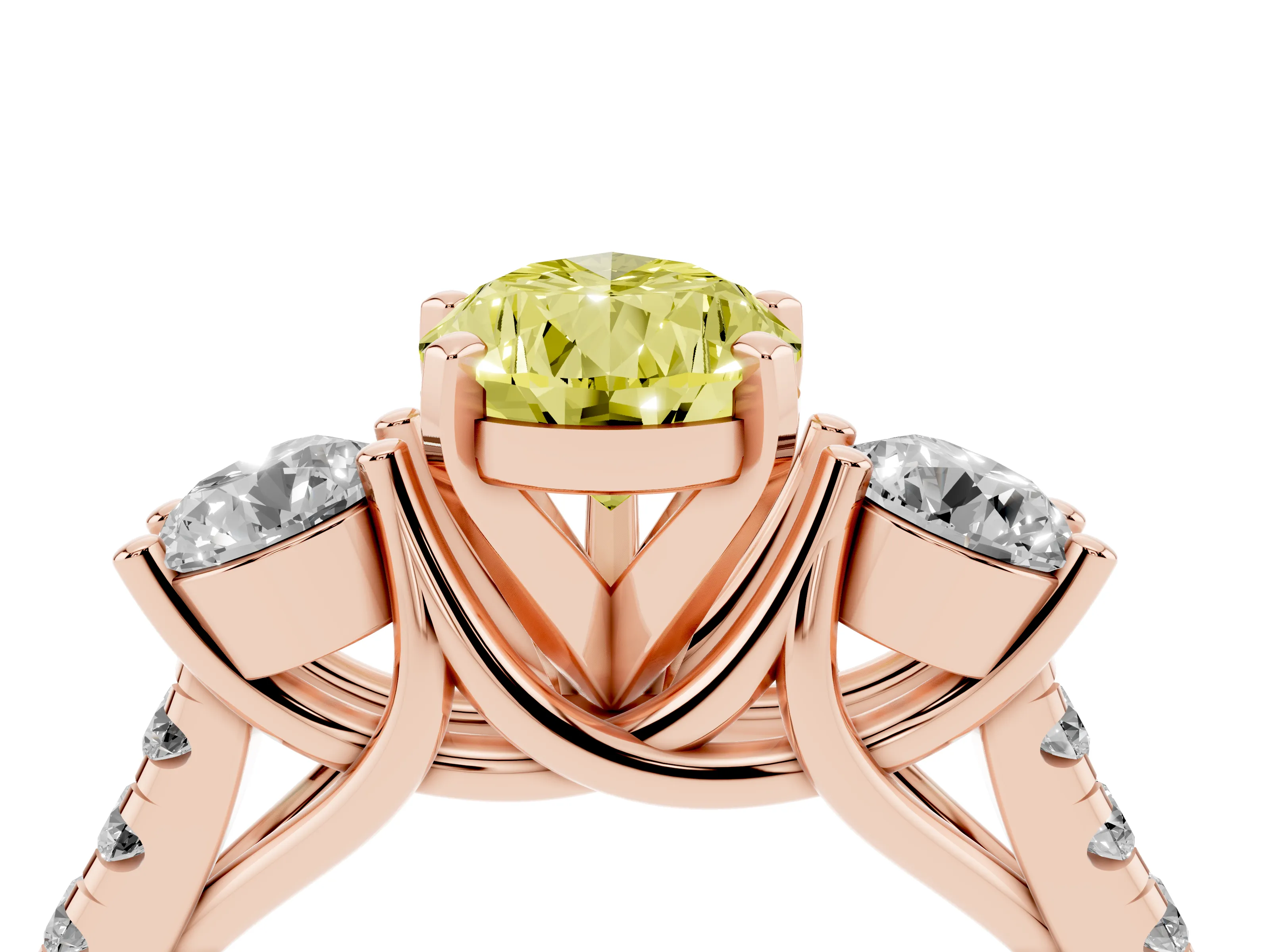 Fancy Yellow Three-Stone Pear Cut Diamond Pavé Band Ring Set in Rose gold with Prong-Set Trio