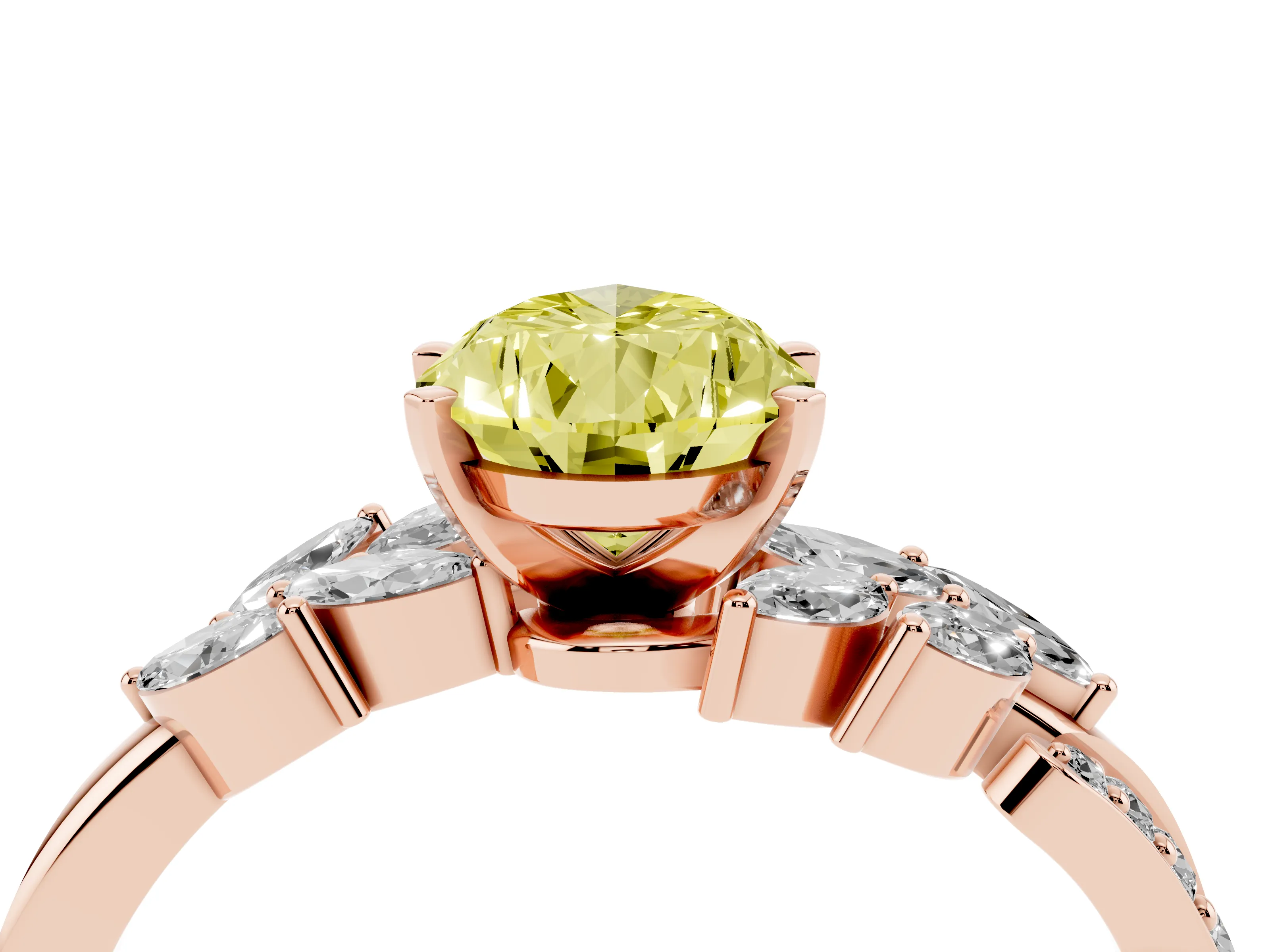 Fancy Yellow Pear Cut Diamond Solitaire Ring Set in Rose gold with Marquise Twist Band and Prong Setting