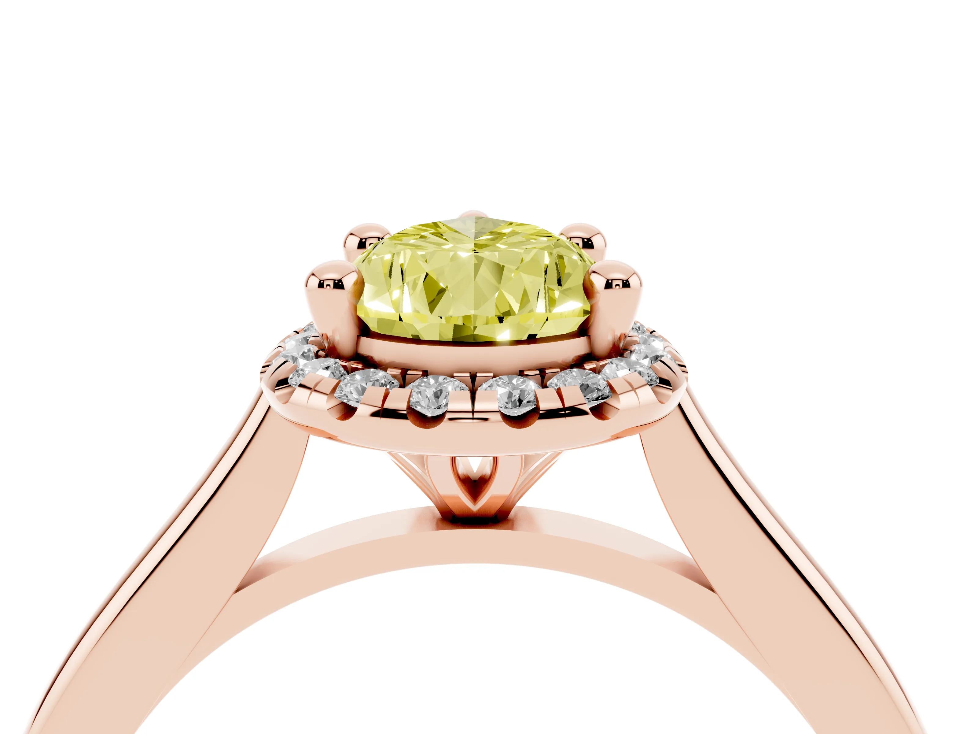 Fancy Yellow Pear Cut Diamond Halo Engagement Ring Set in Rose gold with Pavé Band and Rising Shoulders