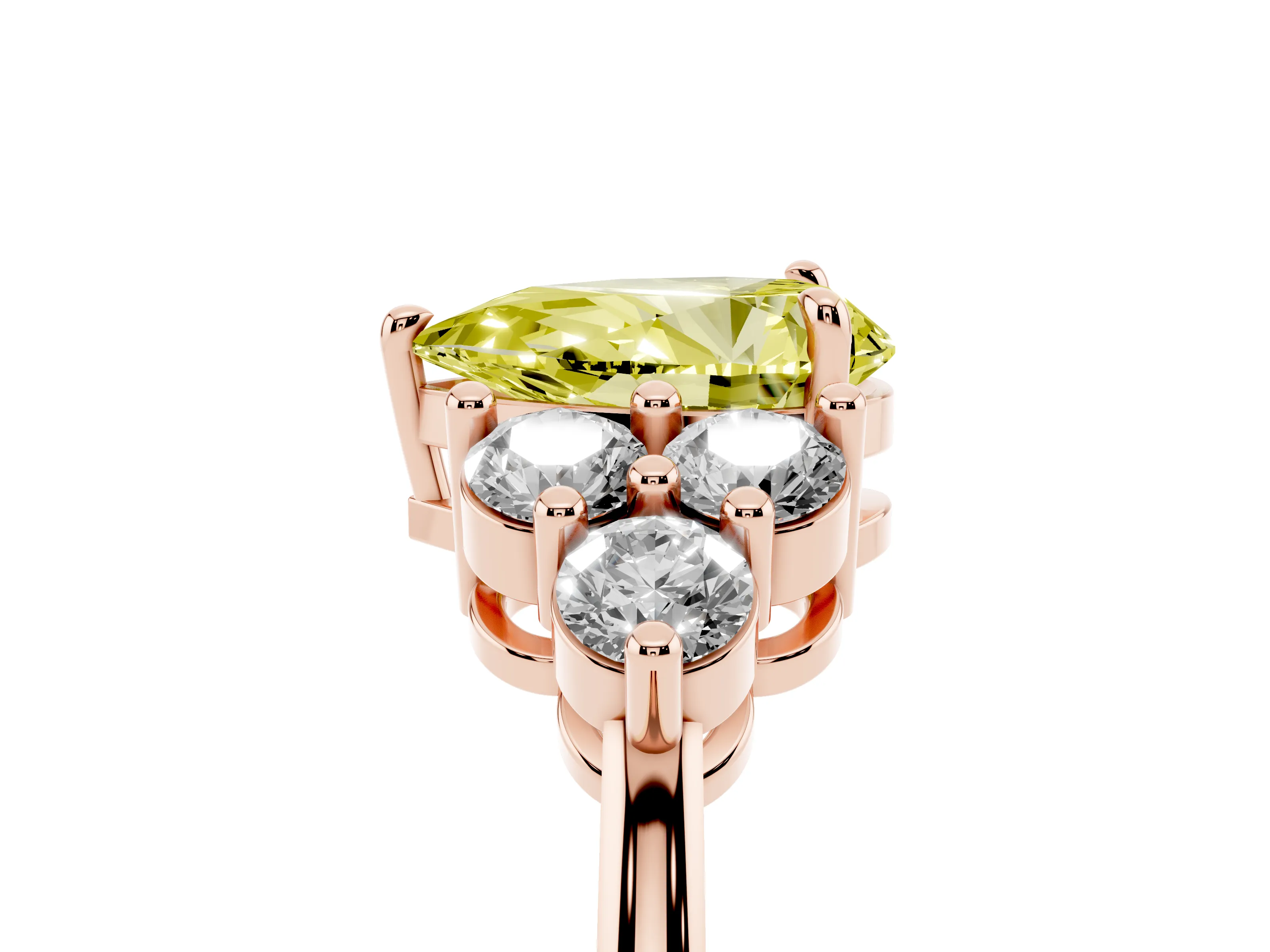 Fancy Yellow Pear Cut Diamond Solitaire Ring Set in Rose gold with Cluster Accents on Each Side