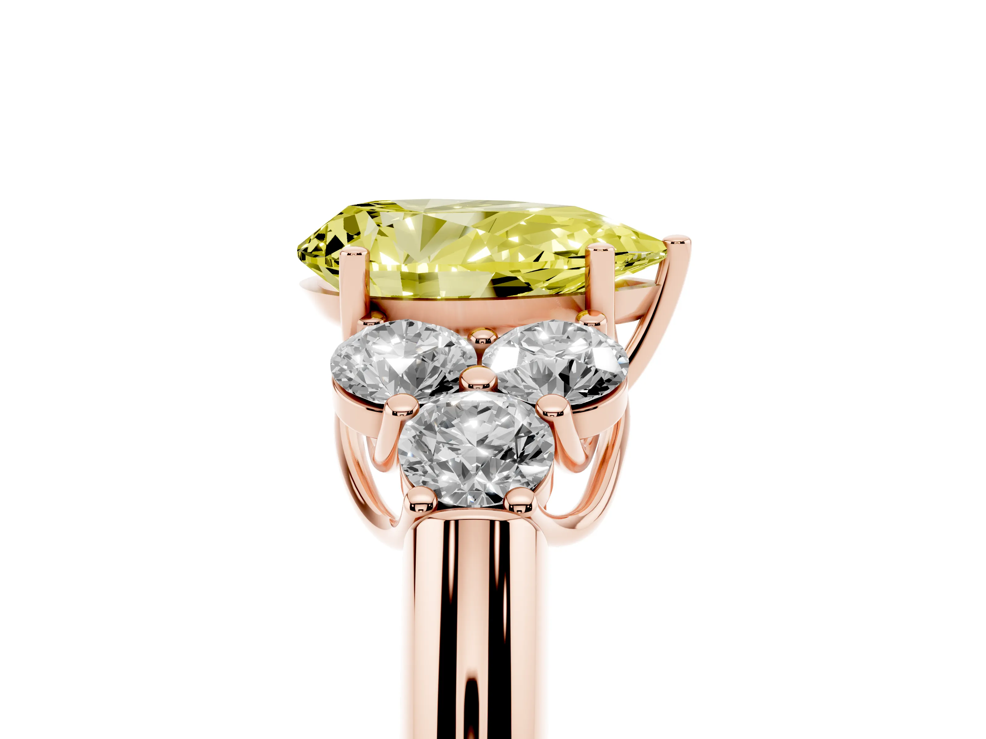 Fancy Yellow Pear Cut Diamond Cluster Ring Set in Rose gold with Round Accent Stones and Prong Setting on a Plain Band
